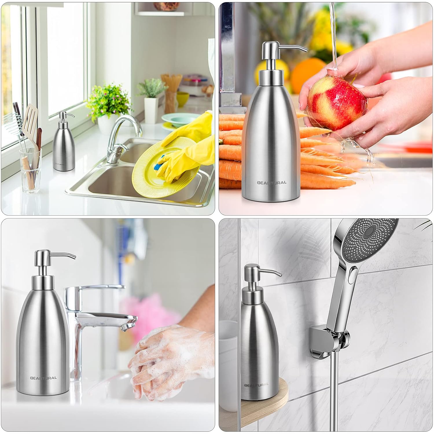BEAUTURAL 304 Stainless Steel Countertop Soap Dispenser 15.2 Oz, Rust-Proof Liquid Soap Pump Bottle for Kitchen, Bathroom and Countertop Hand Dish Lotion[Upgraded Version] : Home & Kitchen