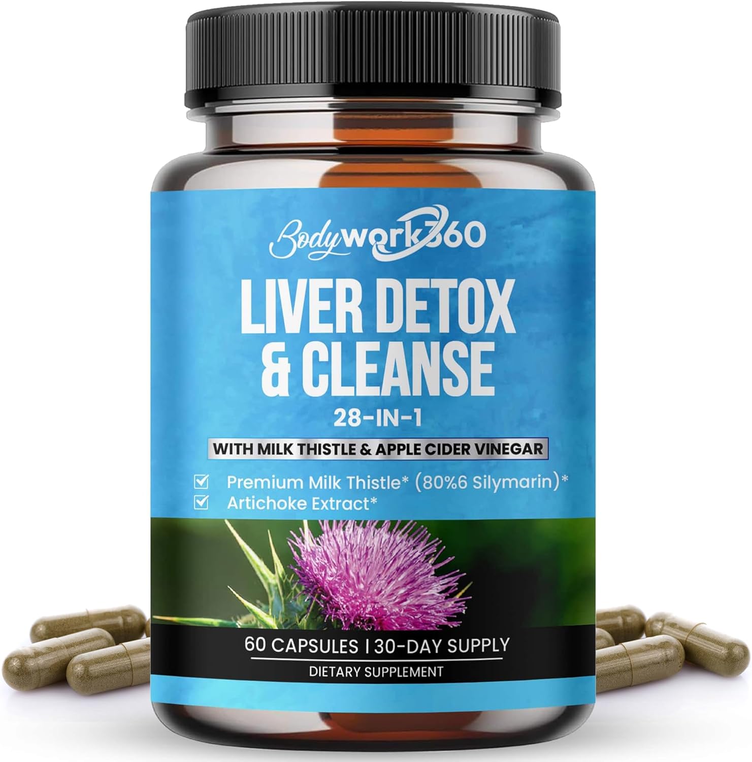 Liver Detox & Cleanse – 28-in-1 Liver Repair & Support Supplement for Men & Women with Milk Thistle, Apple Cider Vinegar, Dandelion Root Extract & Artichoke Extract – Non-GMO, 60 Capsules