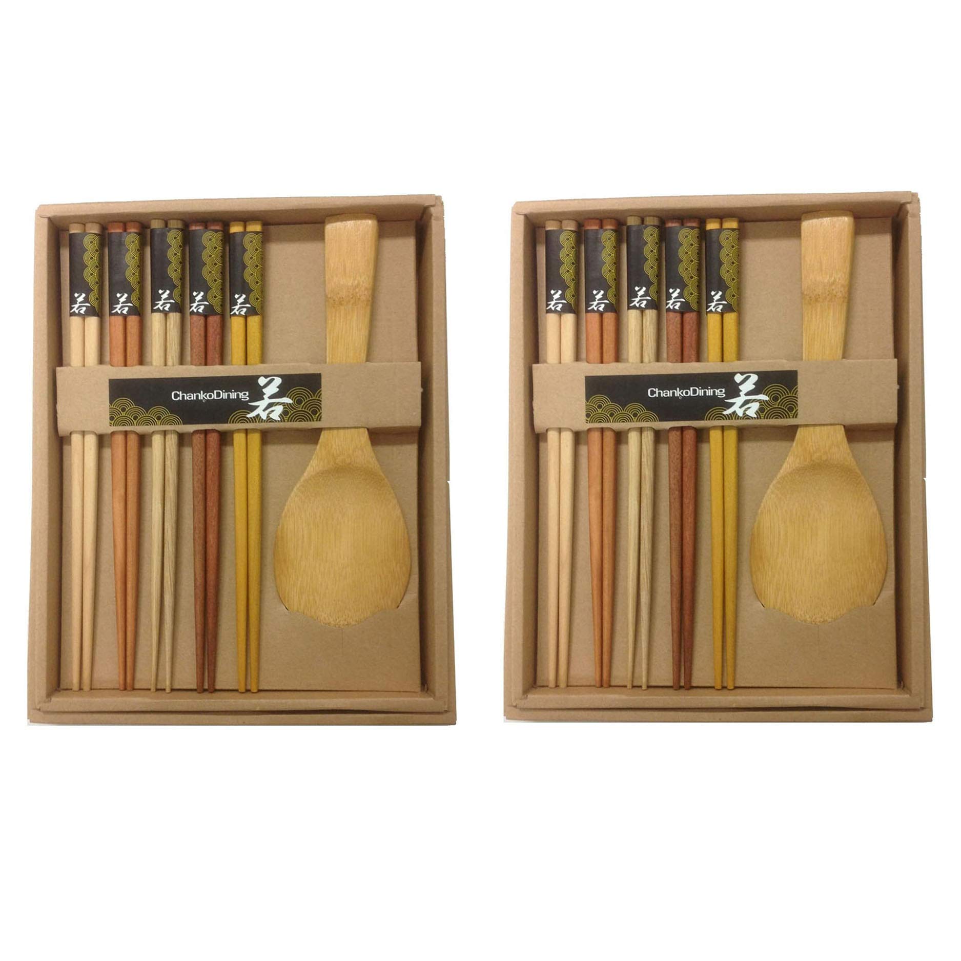 JapanBargain, Pack of 2 Reusable Wooden Chopsticks Japanese Chinese Korean Bamboo Chop Sticks with Rice Paddle Scoop Gift Boxed Set Dishwasher Safe
