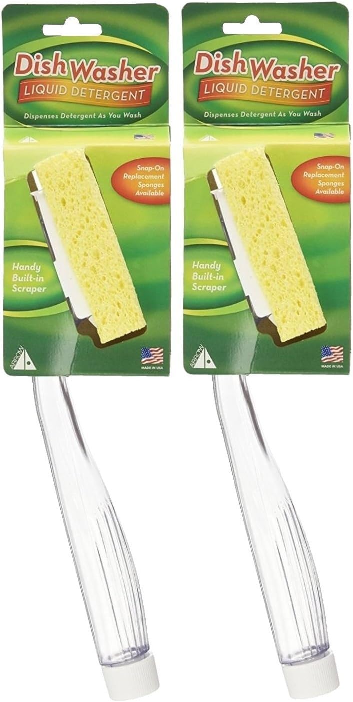 Arrow Home Products Dish Sponges With Soap Dispenser Handle, 2 Pack - Fillable Dish Wand for Quick, Convenient Cleaning - Made in the USA - Easy to Refill, Built-In Scrubber, Ideal for Dishes & Pans