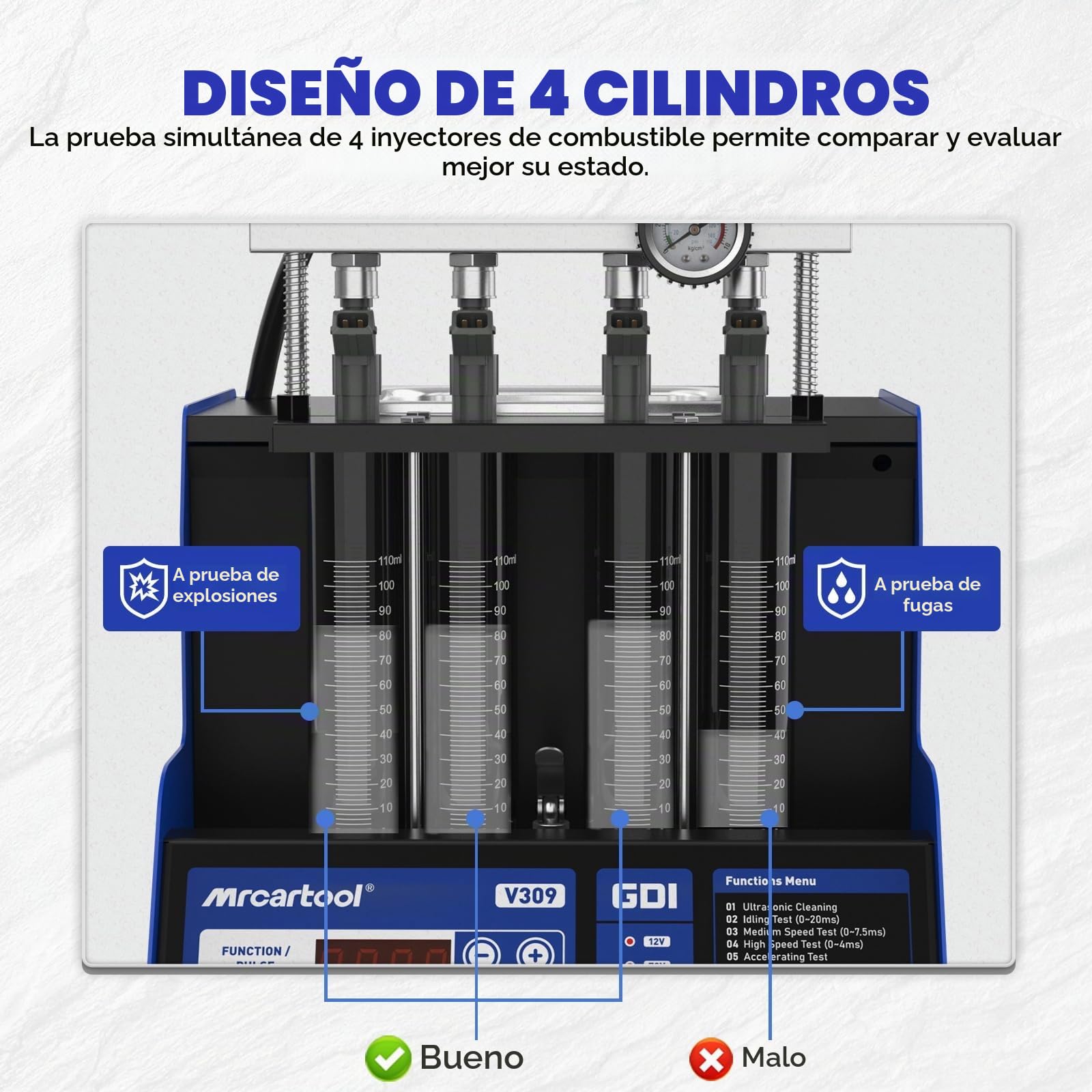MR CARTOOL V309 Máquina Limpiadora y Probadora de Inyectores Diésel/Gasolina 110V/220V para 4 Cilindros, Equipo Ultrasónico de Limpieza para Inyectores GDI/EFI/FSI de Autos y Motocicletas