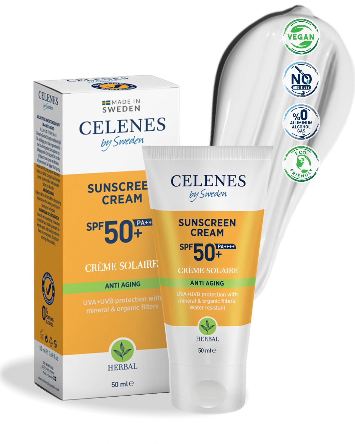 Crema Solar Herbal SPF50+ - Anti-Aging - Aceite de Aguacate y Vitamina E, Resistente al Agua, Filtros Minerales y Orgánicos, Sin Residuos Blancos, Sin Parabenos ni Perfumes, 50ml