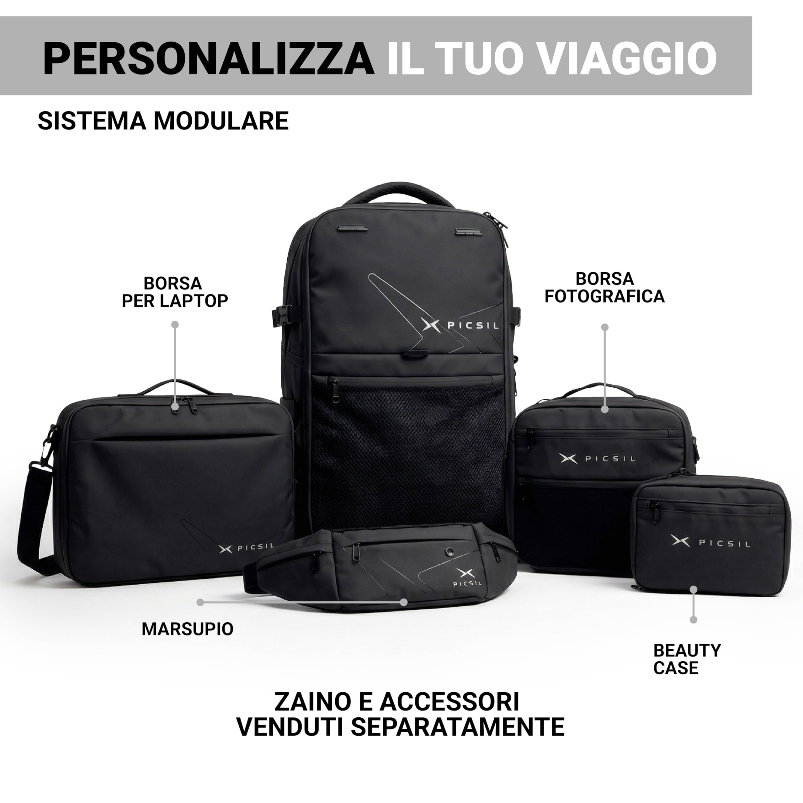 PICSIL Horizon, Zaino Cabina Espandibile 26L-33L, Porta Laptop - Moonless | 47x29x18,5cm impermeabile con porta USB-C. Apertura 18°, scomparto scarpe e tasca PC, ideale per lavoro e viaggi.