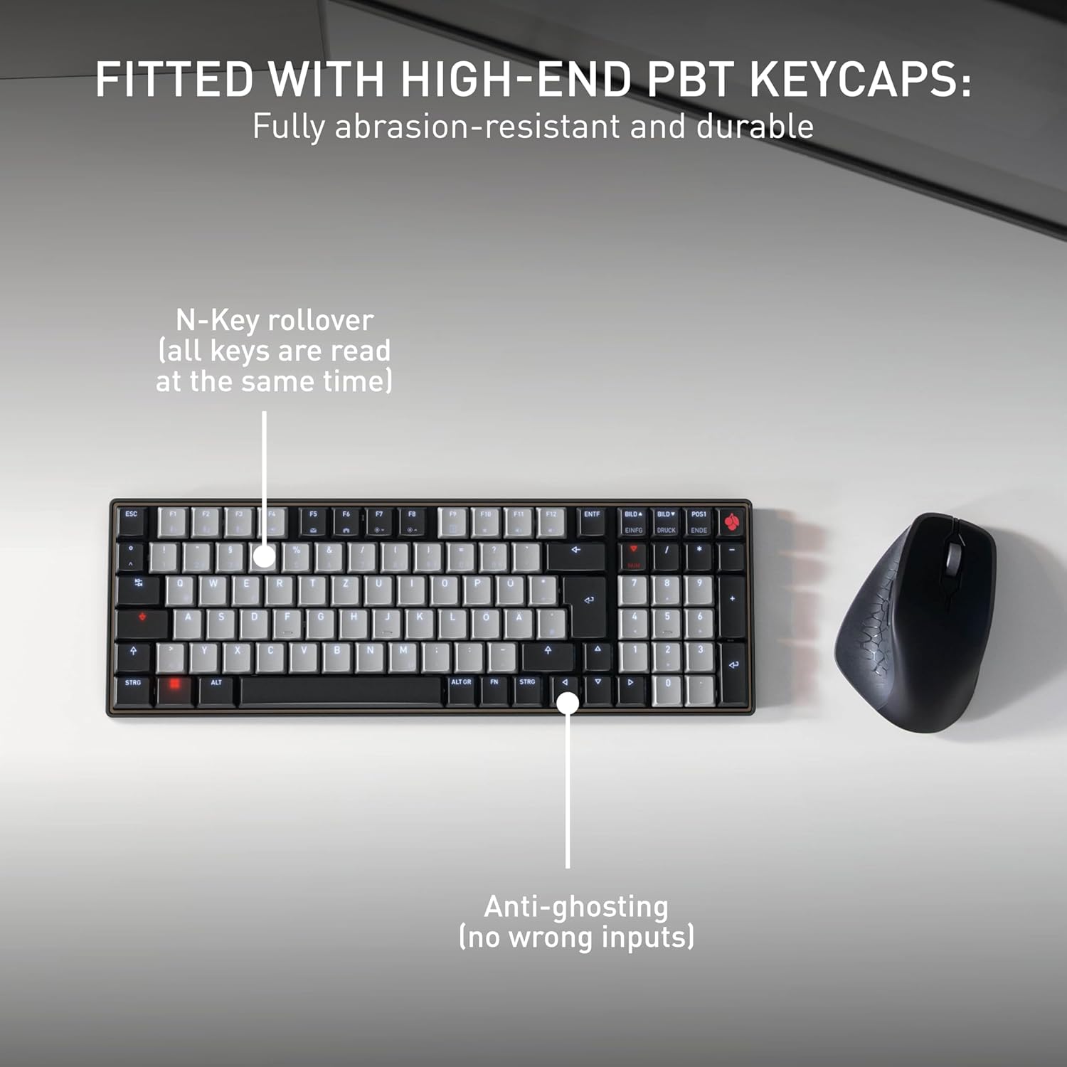 De dalt a baix view of the Cherry KW 550 MX LP keyboard highlighting PBT keycaps and anti-ghosting.