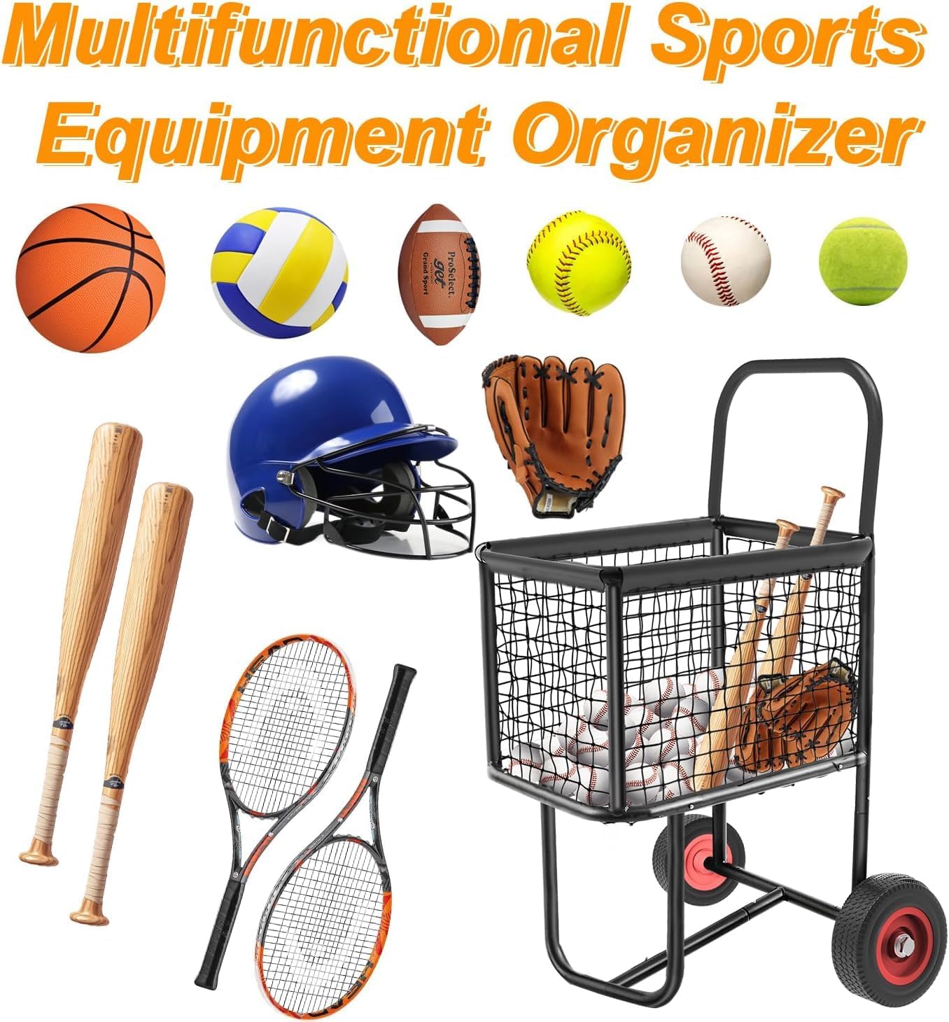 Wheeled sports ball cart – holds 300 baseballs or 150 softball balls; large capacity, durable steel frame, puncture-proof tires; suitable for schools, clubs, and indoor/outdoor training facilities.
