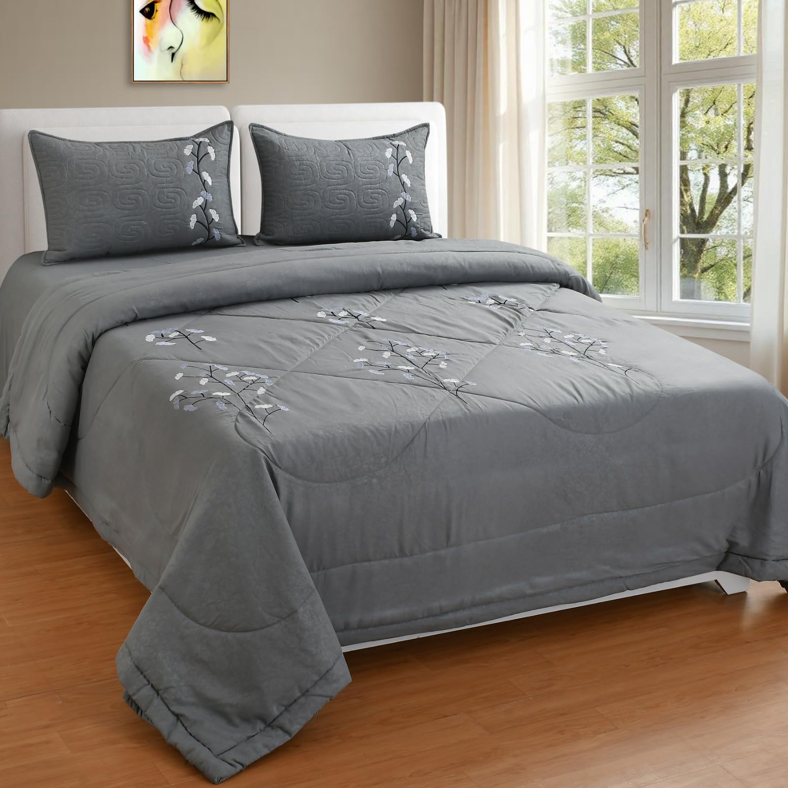 Glace Cotton1 Reversible Comforter Double King Size 90 x 100 Both Side Same Print 1 Bedsheet King Size 90X100 inch and 2 Pillow Cover 4 Pcs Bedding Set | AC Quilt | AC Dohar-Grey-image-26