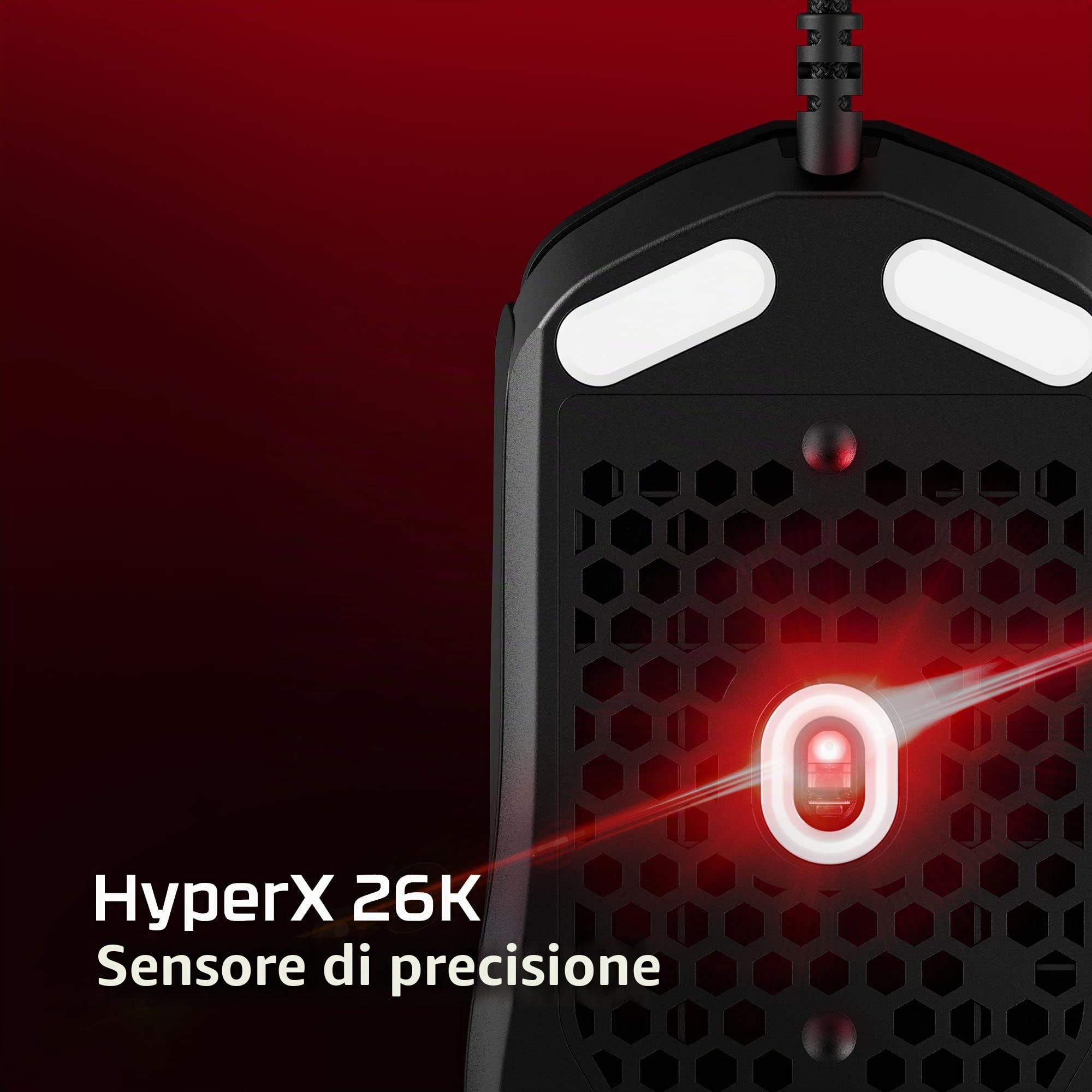 HyperX Pulsefire Haste 2, Mouse Gaming Cablato, Illuminazione RGB, 6 Tasti Programmabili, 26000 DPI, Resistenza fino a 100 Milioni di Clic, Cavo HyperFlex 2, Compatibile con Diverse Piattaforme, Nero