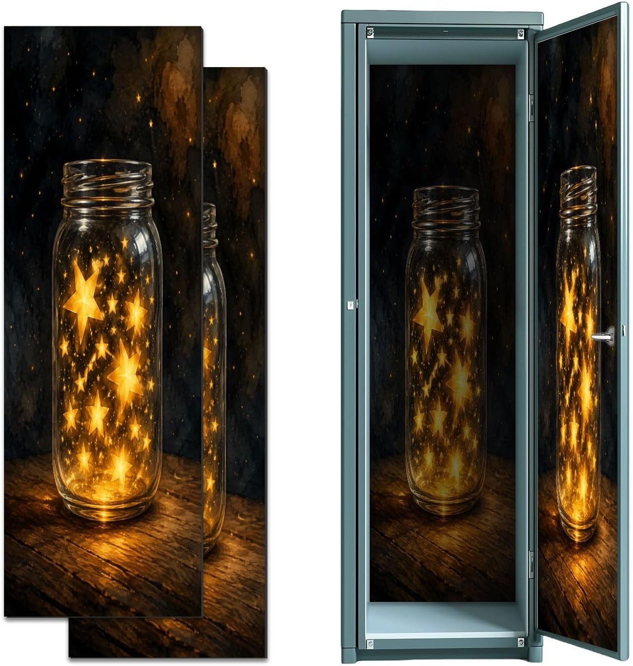 2 Pcs Locker Magnetic Wallpaper Glowing Golden Stars Glass Jar Dark Rustic Magical Night Sky Warm 12" x 36" Wall Magnetic Sticker Removable Locker Accessories Decor Easy Assembly for Classroom School