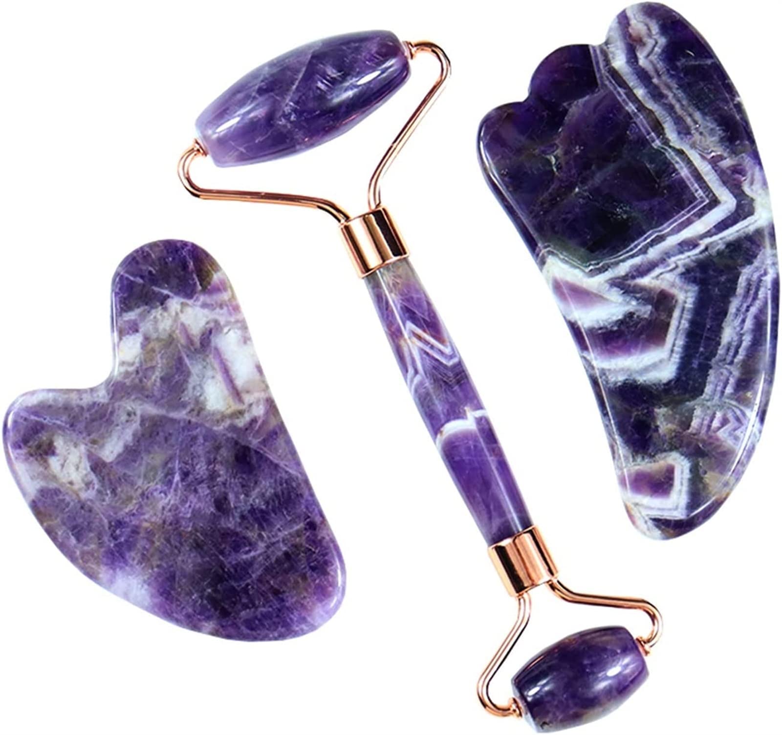Amatista Piedra en bruto Cuidado de la cara Herramienta de masaje Rodillo de amatista Juego de masaje Gua Sha Masajeador de jade de cristal natural Facial Cuerpo Cuello Piel Belleza Desintoxicación In