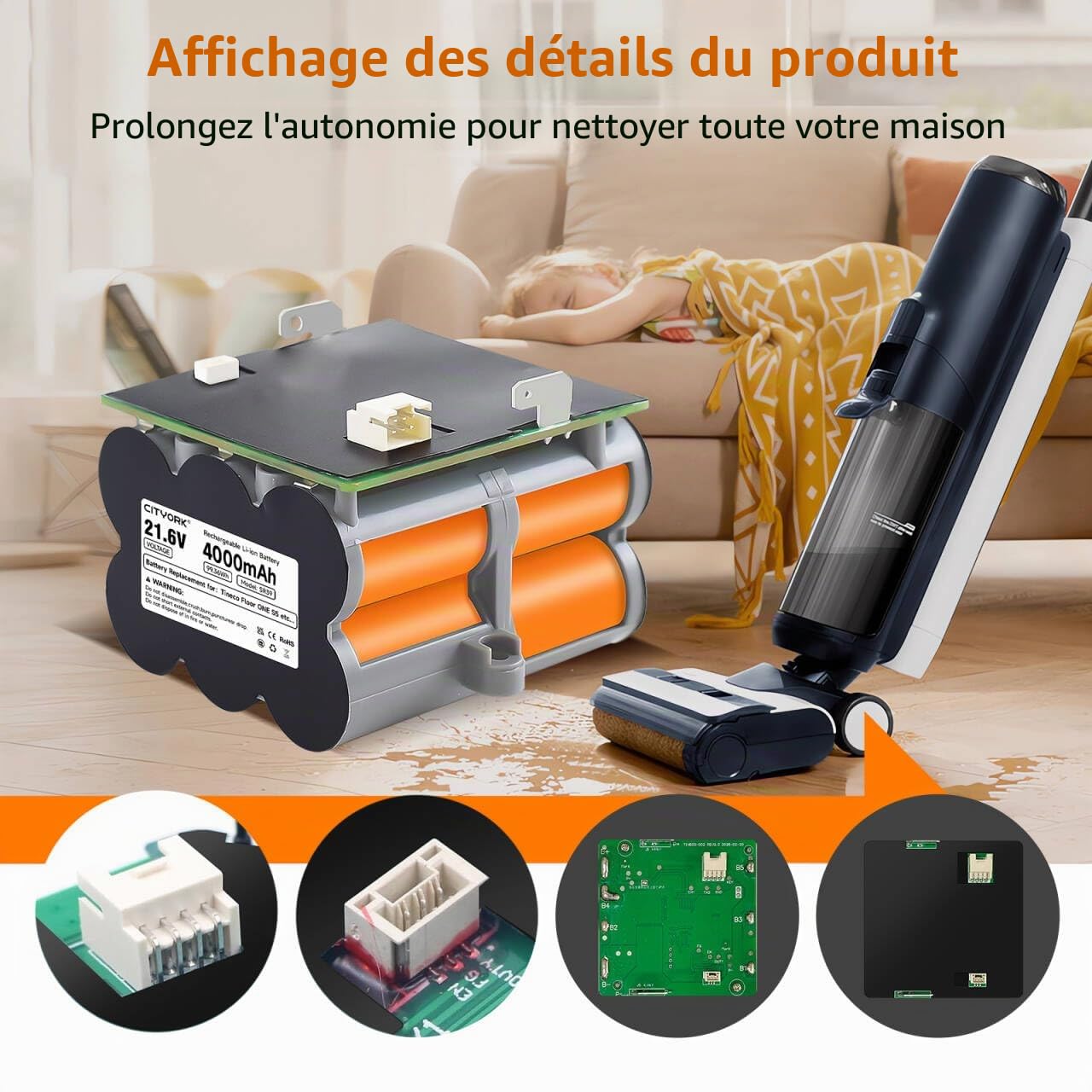 21.6V Aspirateur Laveur Batterie de Rechange pour Tineco Floor One S5 / S5 Pro / S5 Pro 2 / S5 Smart / S5 Steam/ S5 Combo /S5 Extreme/S5 Intelligent - Longue durée(1 Batterie + 1 Pinceau + Ruban 3M)