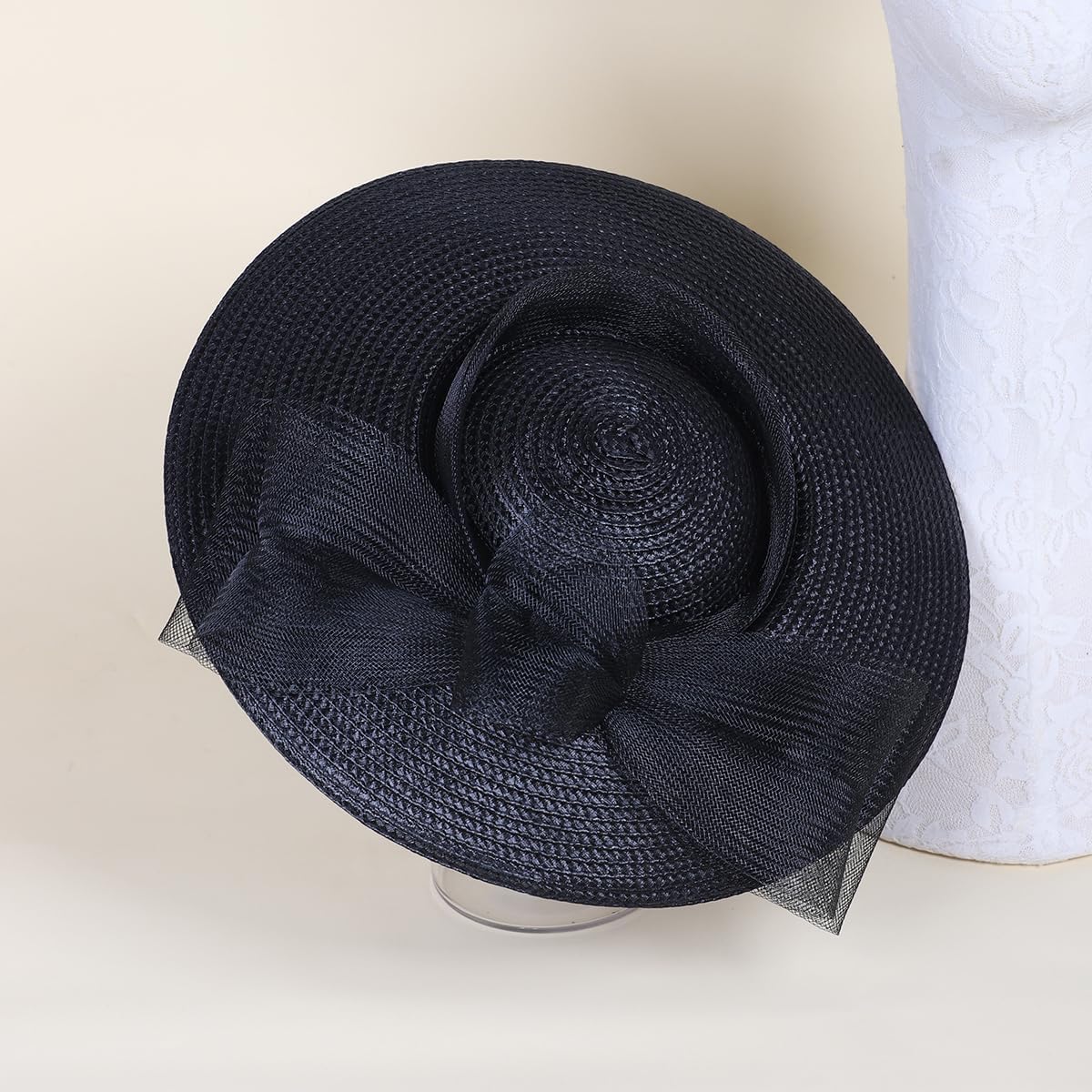 Straw Cocktail Fascinators Hat for Women Ladies Wide Brim Church Wedding Bride Derby Tea Party Hats with Mesh Bow - Image 6