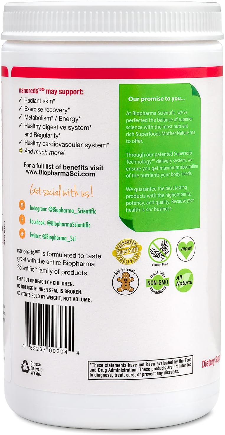 Biopharma Scientific Nanoreds: Reds Superfood Fruit & Vegetable Powder Smoothie Mix for Digestive Health & Immunity with Antioxidants, VitaminC, Elderberry, Pomegranate, Berry Flavor, 30 Servings