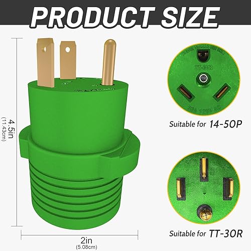 Miniatura 2 de RVPLAN Adaptador RV 30A TT-30P macho enchufe a 50A 14-50R hembra receptáculo, verde