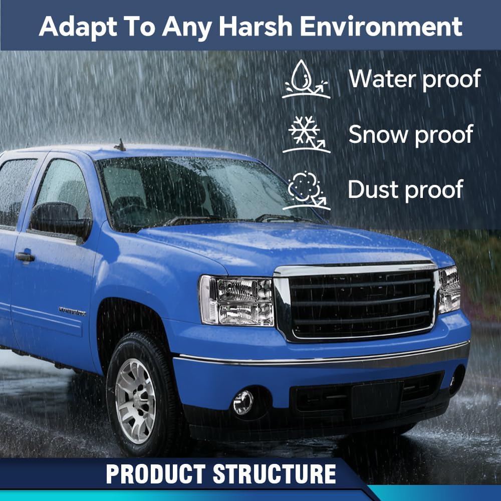 PIT66 Headlight Assembly, Compatible with 2007-2013 GMC Sierra 1500 2500HD 3500HD Driver & Passenger Side Pickup Truck Replacement Headlamp Clear Lens Chrome Housing Clear Reflector