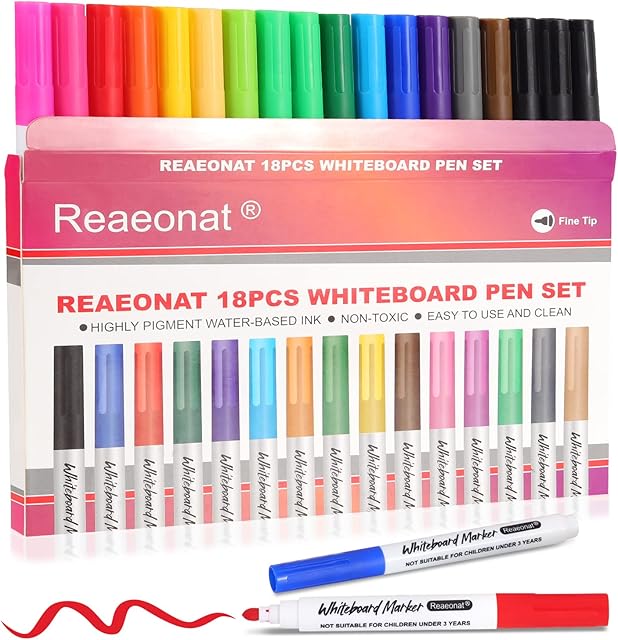 Whiteboard Markers, 18 Pack Dry Erase Fine Tip White Board Pens Color Ink Marker for Home, School & Office Uses (18 Pack)