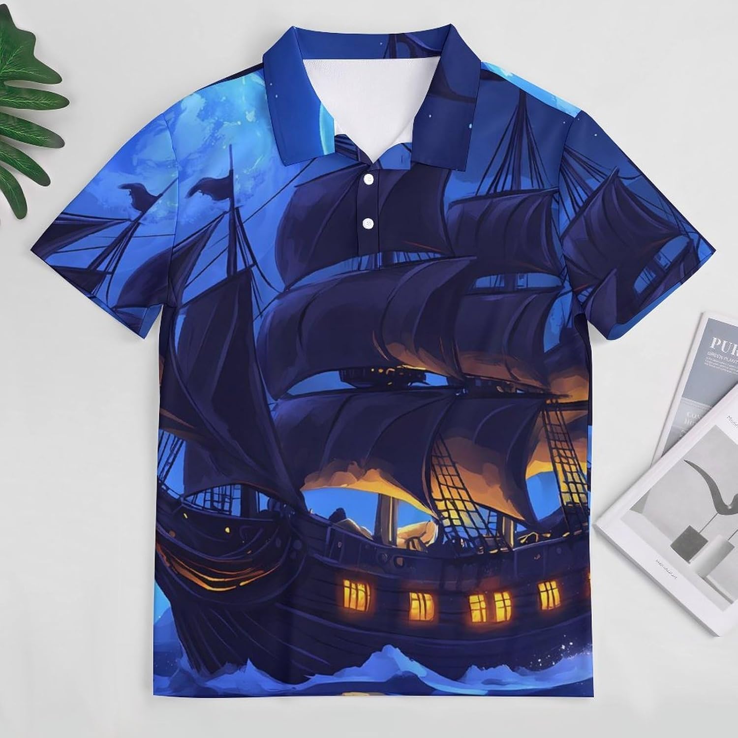 PiratesShip and Moon Women's Golf Polo Shirts Short Sleeve Quick Dry Tennis Tops Casual Work Blouses