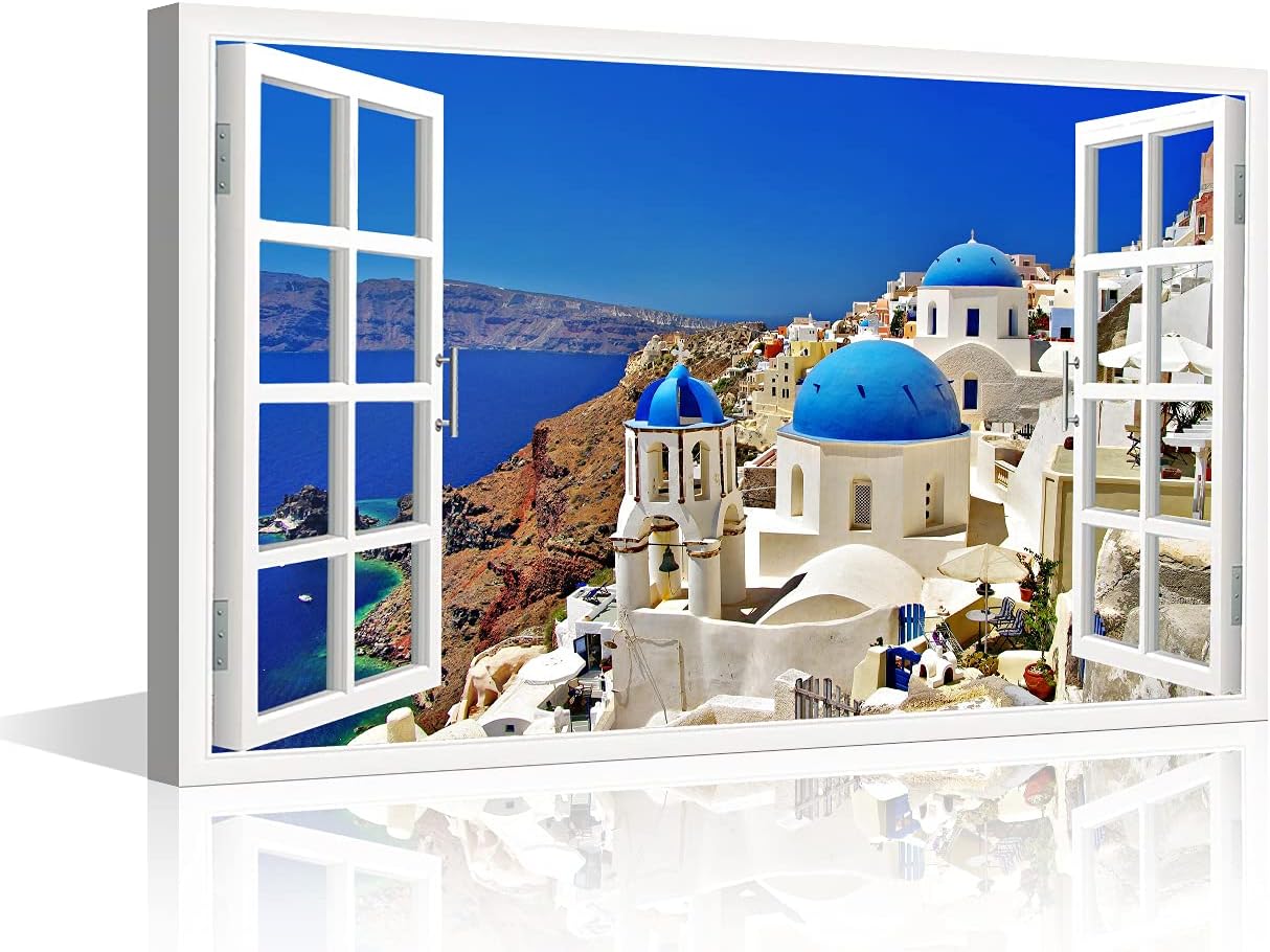 Wall Art for Living Room Santorini Ports Scape Picture Canvas Greece Islands Paintings Creative Window View Prints Blue White Artwork Gallery-wrapped Modern Home Art | Ready to Hang, 12" Wx18 H