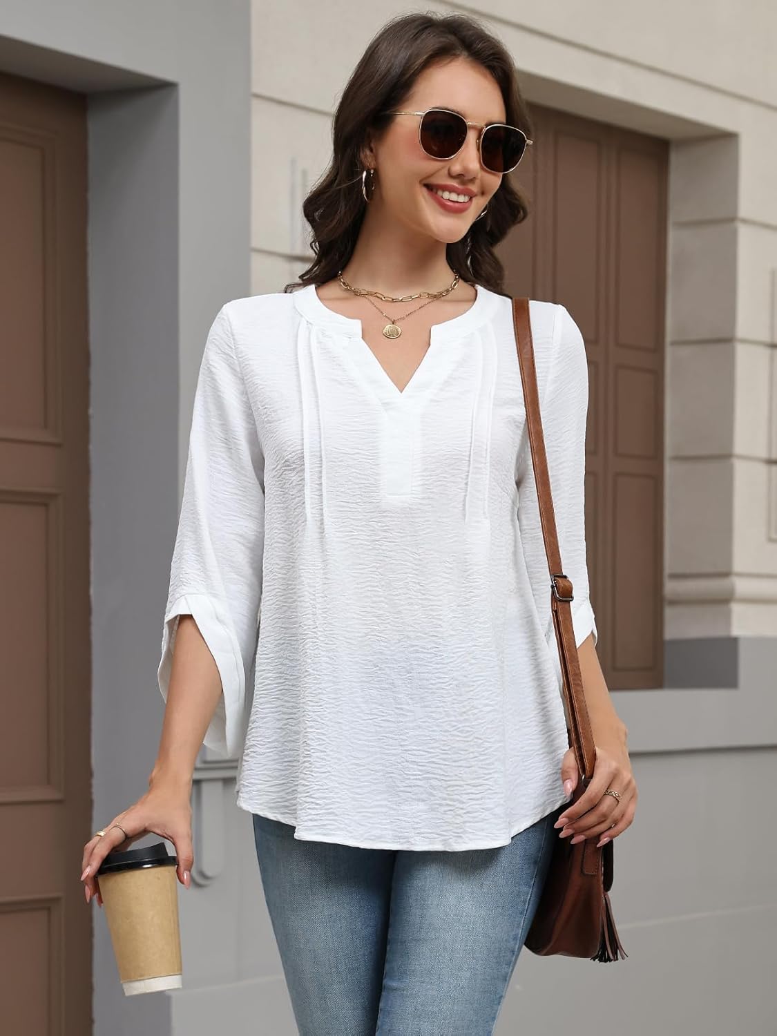 Womens Dressy Split Neck Blouse 3/4 Sleeve Casual Loose Fit Shirt - Image 2