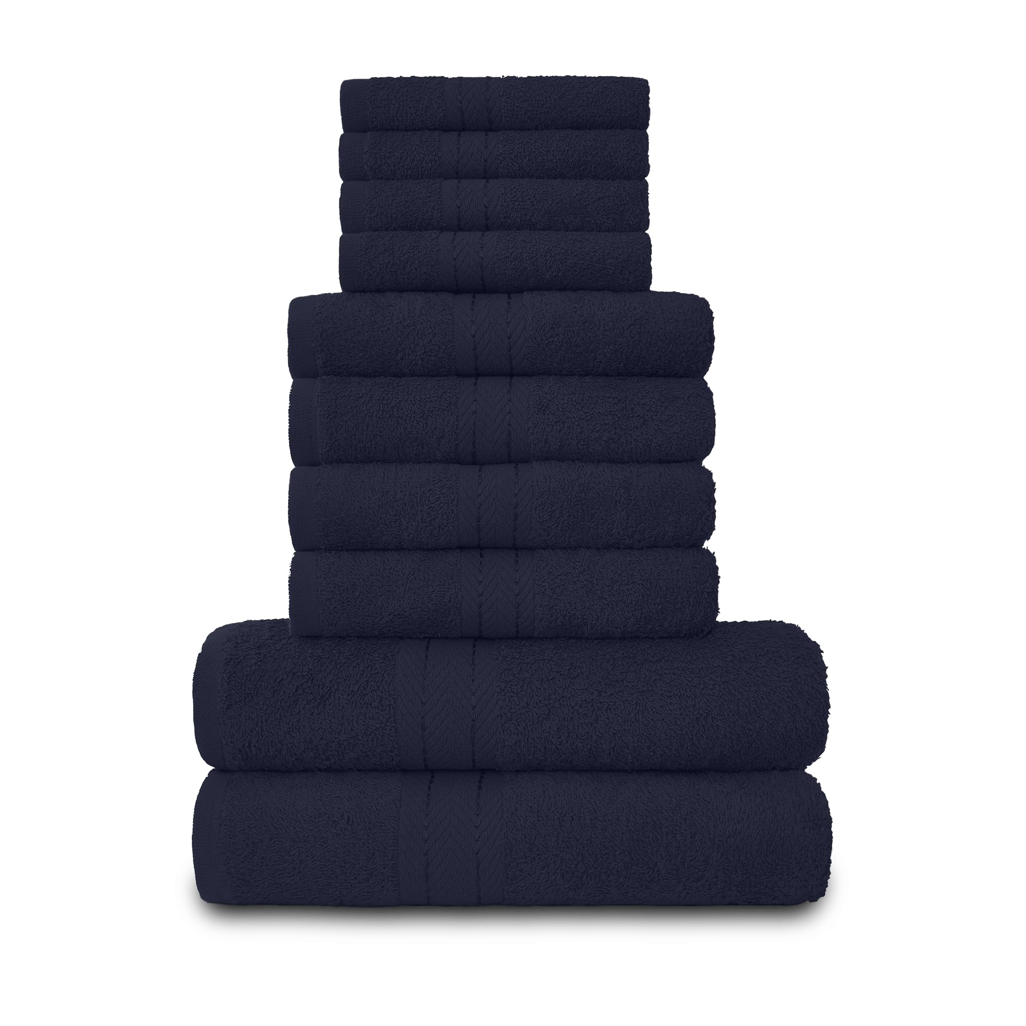 VELVETIO Egyptian Cotton Towels 10 Piece Set, Super Soft 4 Face Cloths 4 Hand Towel 2 Bath Towels, Quickly Dry Water Absorbent Bathroom Bundle Sets, Navy, 450 GSM