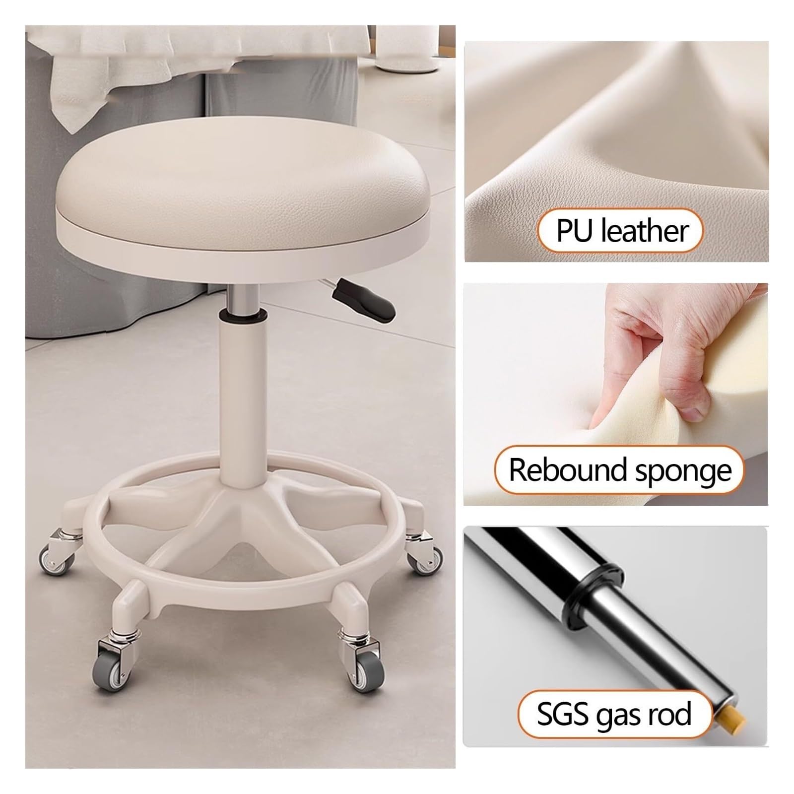 Tabourets roulants avec roulettes, Chaise de Coiffure Portable à Hauteur réglable for Coiffeur for la Maison, Rembourrage de siège épais for la beauté de la Maison(White)