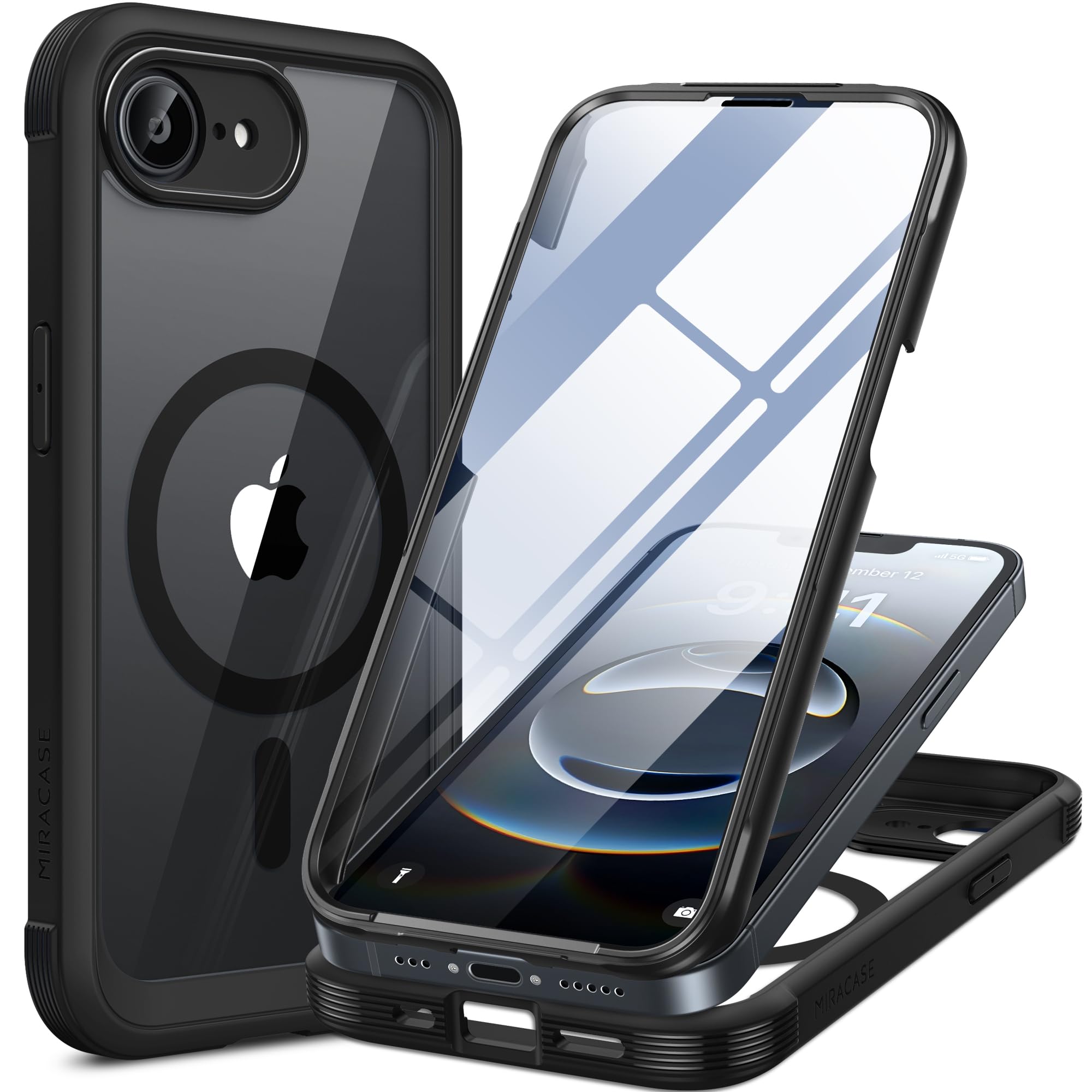 Miracase Magnetic Case for iPhone 16e Case 6.1-Inch 2025, [Built-in 9H Tempered Glass Screen Protector] Full Body Bumper Shockproof with Clear Back Cover, Compatible with MagSafe (Black)Global Recycled StandardGlobal Recycled StandardGlobal Recycled Standard