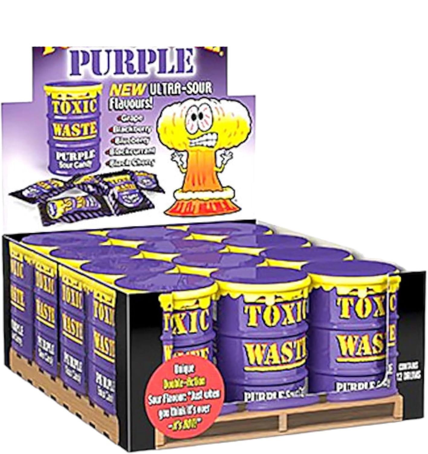 Drums Hazardously Sour Candy Sweets - 12x Drums: 5 Sour Flavours (Purple Drum: Grape, Blackberry, Blueberry, Blackcurrant and Black Cherry)