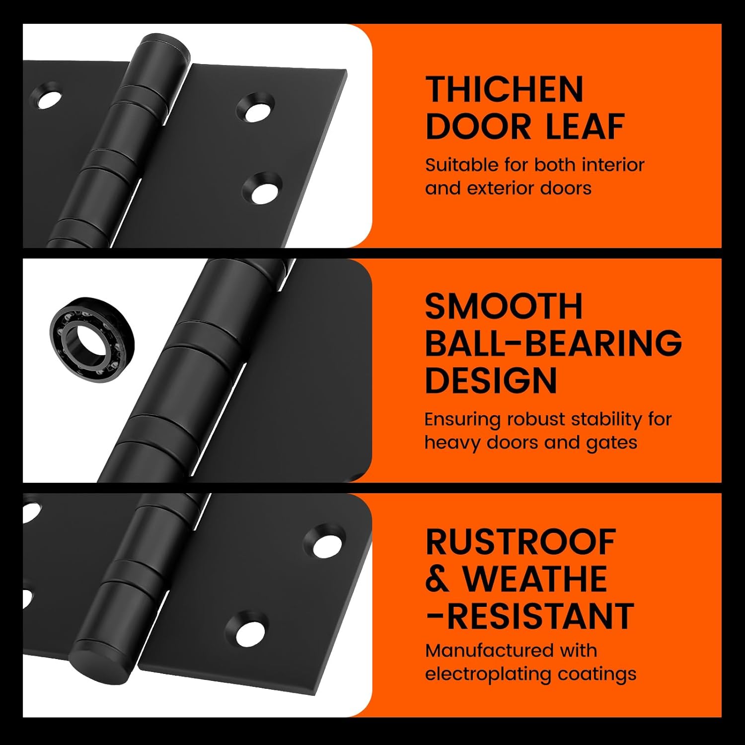 Haidms 304 Stainless Steel Matte Black 4'' Door Hinges for Exterior Doors Ball Bearing Door Hinges 4in x 4in with Square Corners, Heavy-Duty, 3PACK