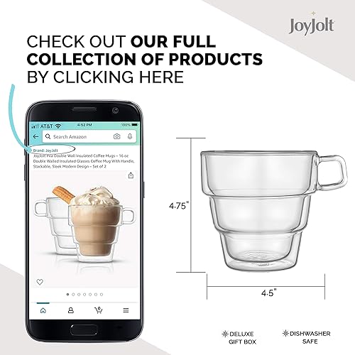 Miniatura 2 de JoyJolt Pila - Tazas de café aisladas de doble pared, 16 onzas, tazas de café aisladas de doble pared con asa, apilables, diseño moderno y elegante,
