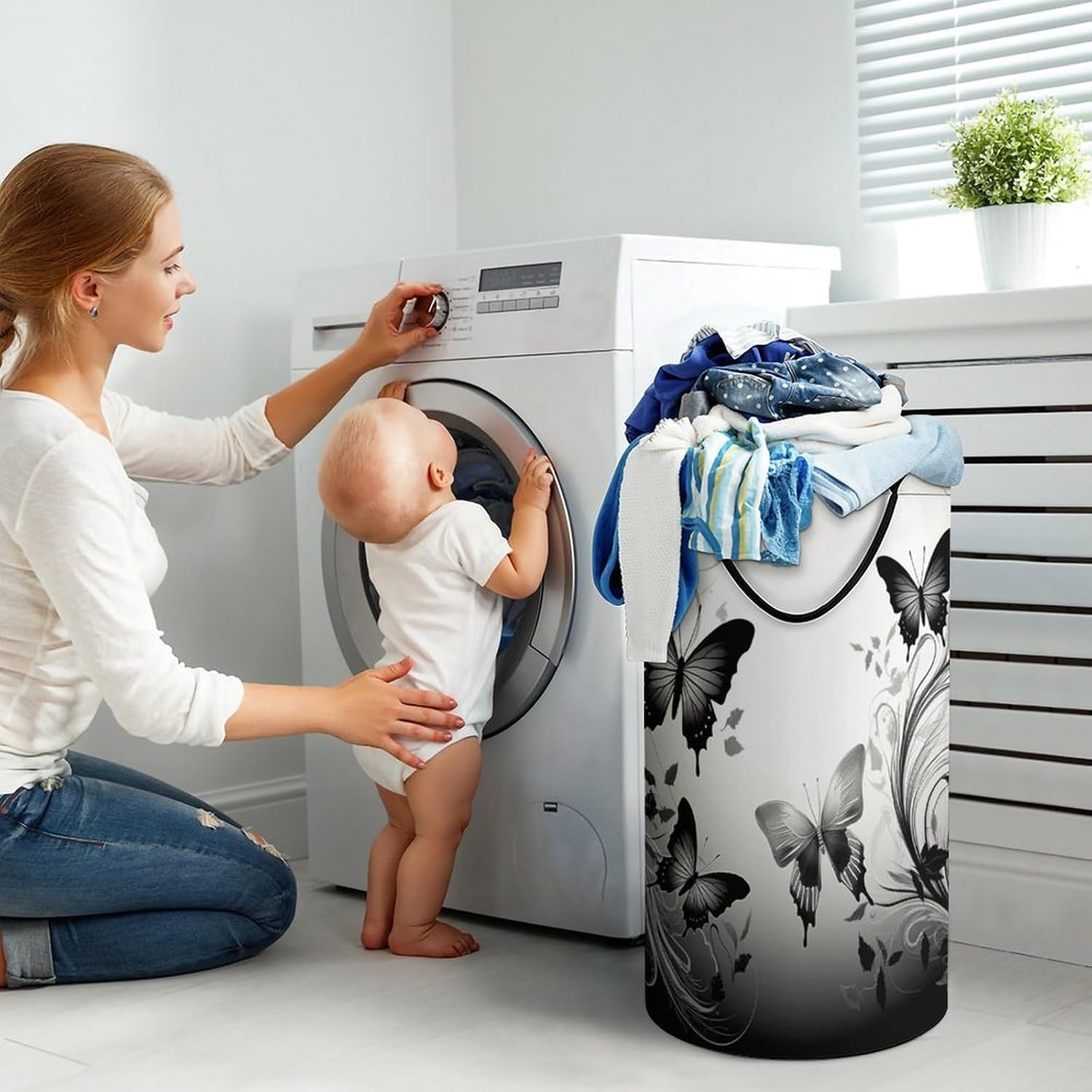 Large Laundry Hamper with Handles Black Gray Butterflies Laundry Basket Freestanding Waterproof Clothes Hamper for Living Room Bedroom Bathroom College Dorm