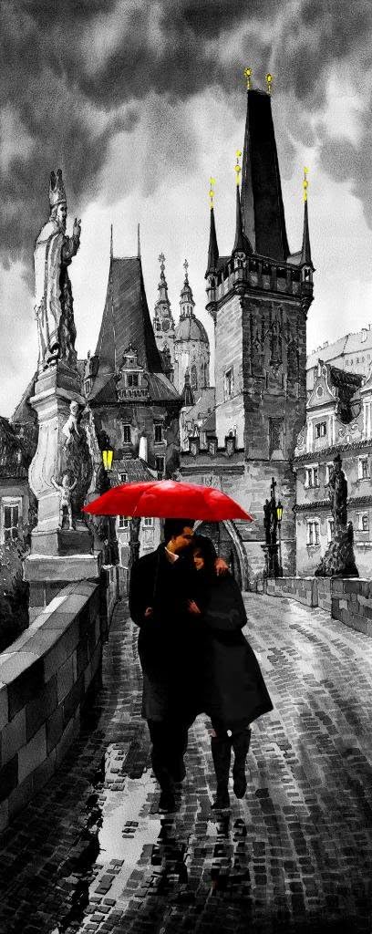 Canvas Print Red Umbrella Mixed Media, Unstretched and Unframed, One Piece Oil Painting Style Modern Canvas Wall Art for Home Decoration