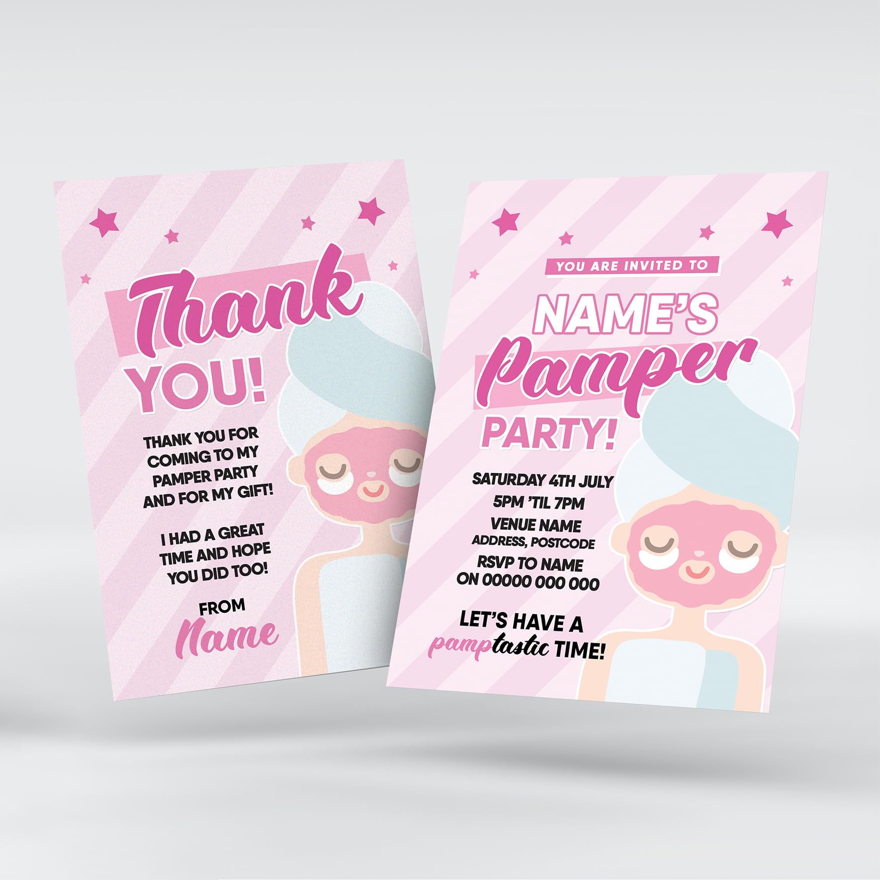 MJ DESIGN & PRINT Personalised Pamper Party Invitations & Thank You Cards, Sleepover, Slumber, Pampering, Make Up, Kids, Girls, Pink