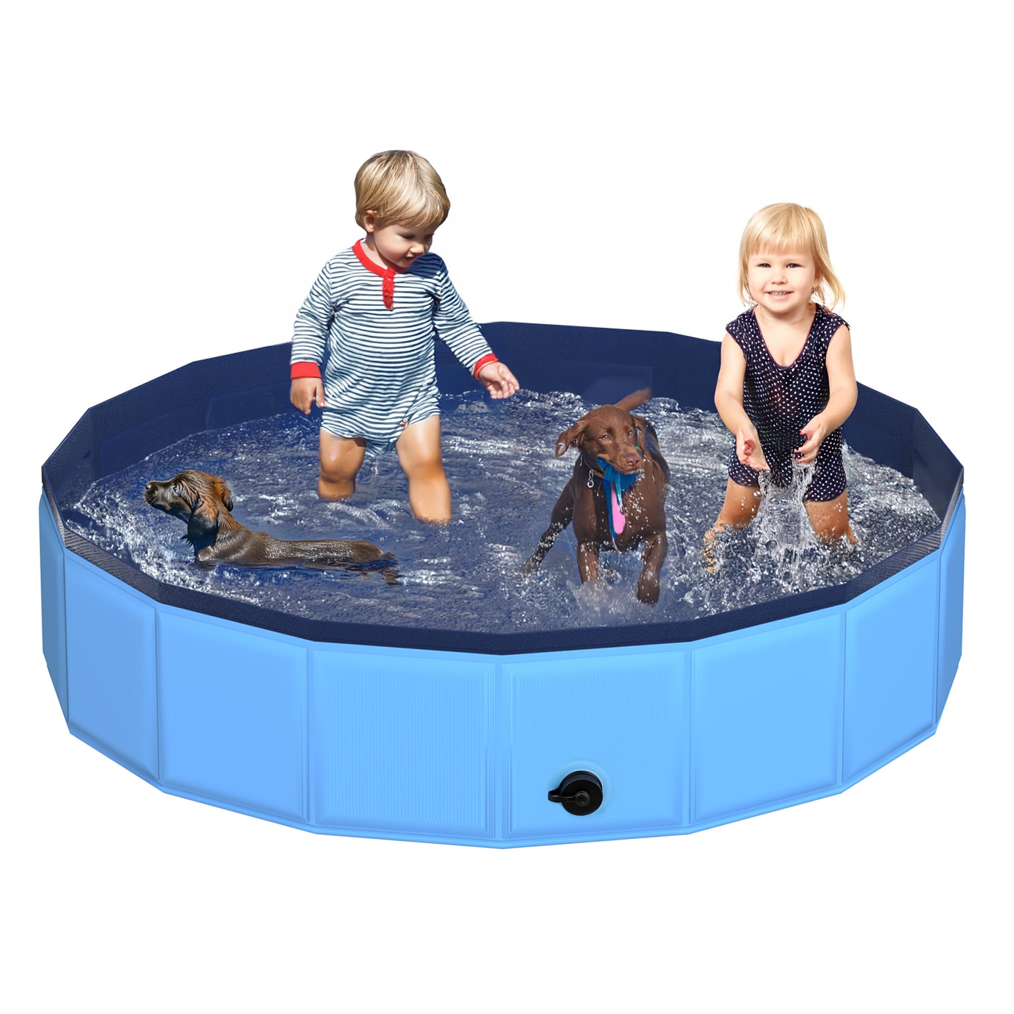 CACSPS 79" x 12" Foldable Dog Pool - Collapsible Hard Plastic Kiddie Pool for Dogs &amp; Kids, Non-Slip Pet Bath Tub for Outdoor Backyard Use, Lightweight &amp; Portable (Blue)