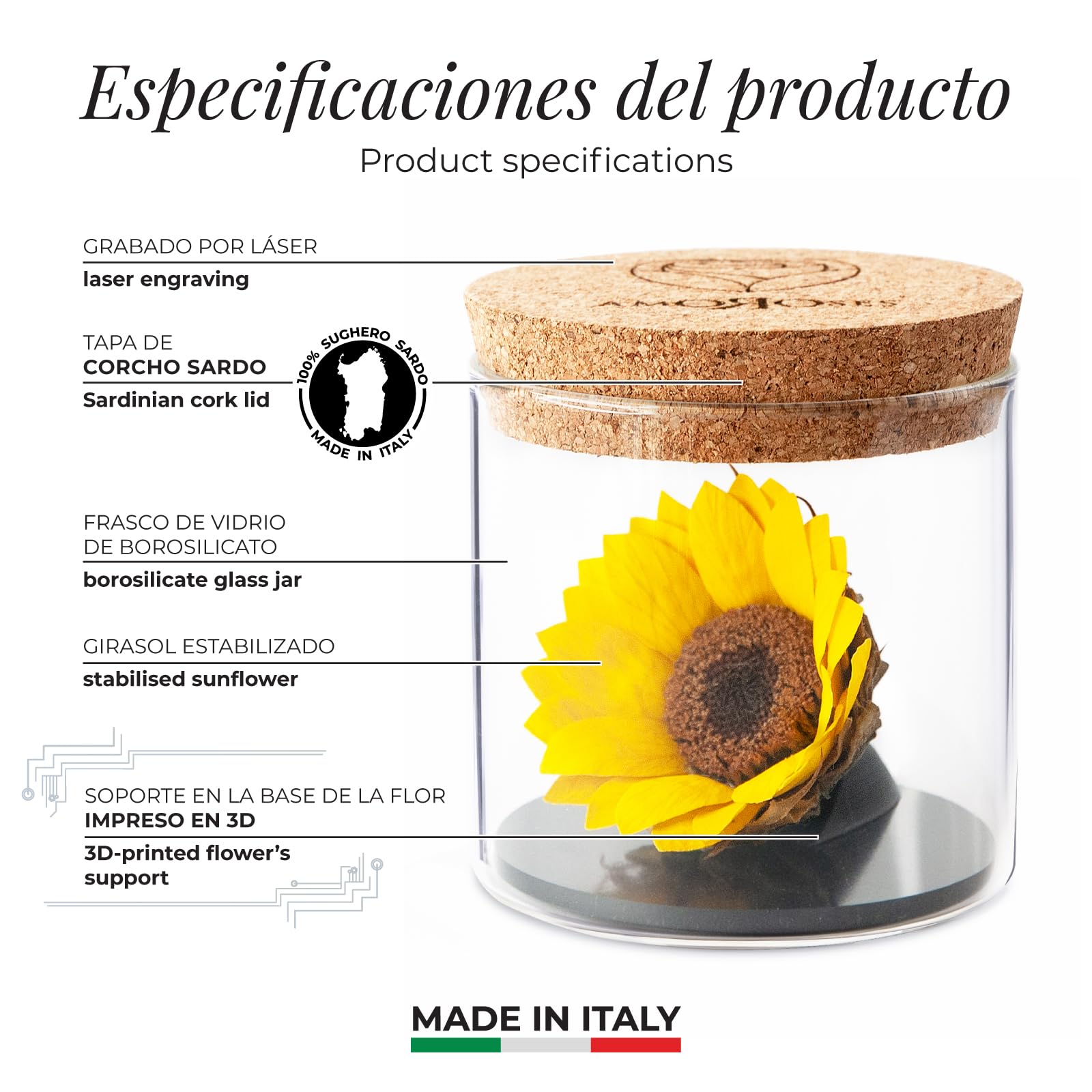 Amoroses Sunflo – Girasol estabilizado flor eterna en tarro de cristal | Idea regalo