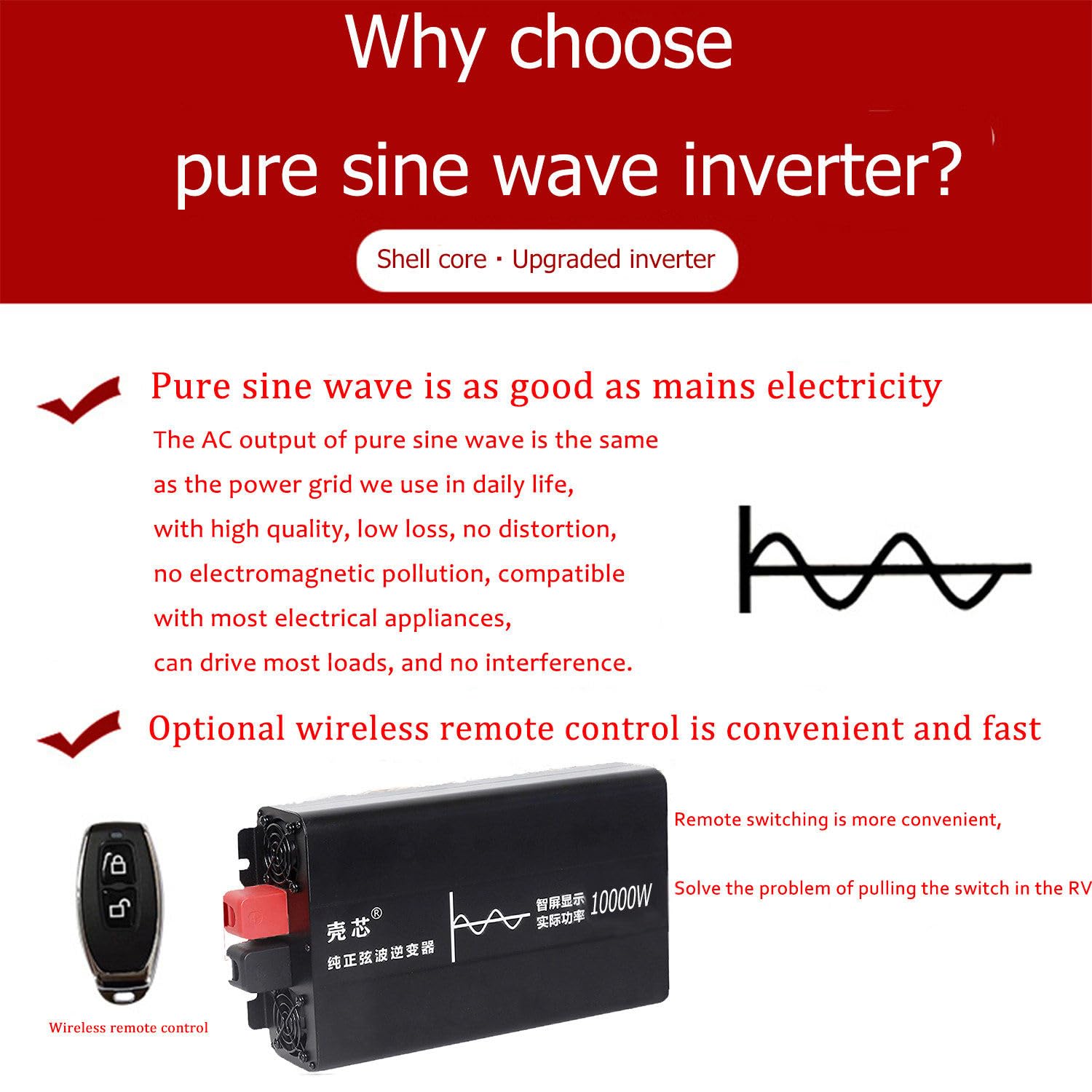 Inversor Onda Sinusoidal Pura,Alta Eficiencia Conversión,Sin Interferencias con Aparatos Eléctricos,con Pantalla LCD Control Remoto Inalámbrico,para Automóvil,10000W-72Vto110V