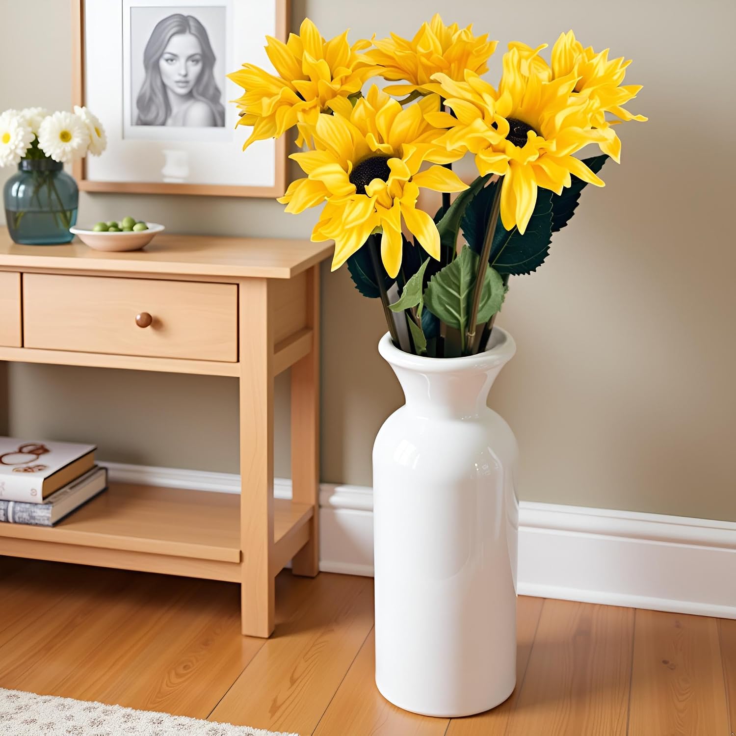 Floral Kingdom 23'' Real-Touch Artificial Sunflowers 5 Pack Yellow Faux Flower Stems for Home Decor, Table Centerpieces and Tall Vase Arrangements