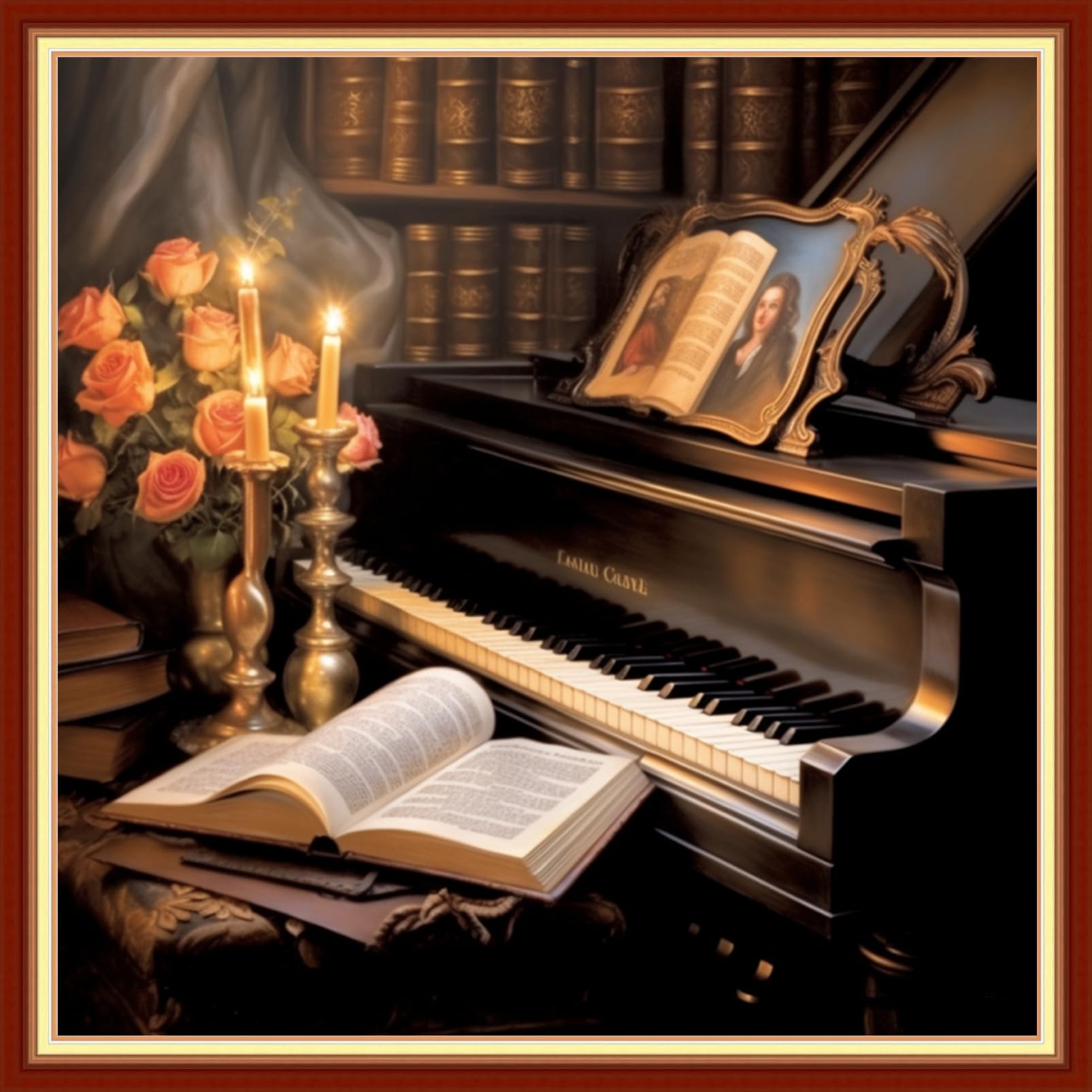 Findvoor Stamped Cross Stitch Kits for Beginners Full Range of Cross Stitching Embroidery Pattern for Adults, 11CT DIY Needlepoint Embroidery Starter Kits-Candlelight Piano 17.7x17.7 inch