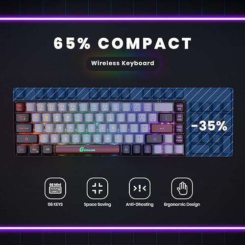Miniatura 6 de Teclado inalámbrico 65% para juegos, teclado recargable con retroiluminación RGB con 14 modos retroiluminados, 68 teclas ultra compacto
