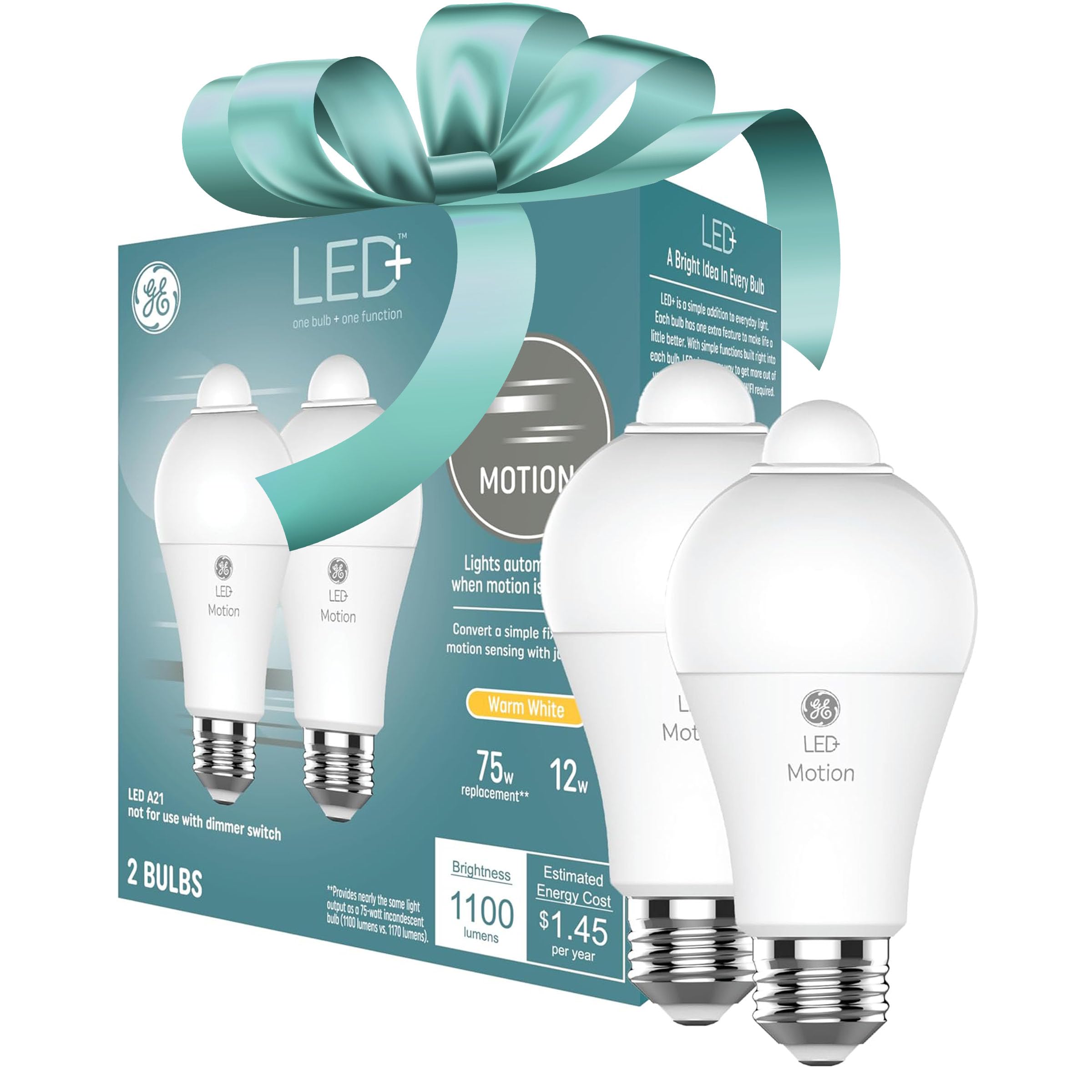 GE LED+ Motion Sensor LED Light Bulbs, 12W, Outdoor Security Lights, A21 Bulbs, Warm White, Great Christmas Gifts for Men, Holiday Gift for Women, Perfect Dad Gifts (2 Pack)