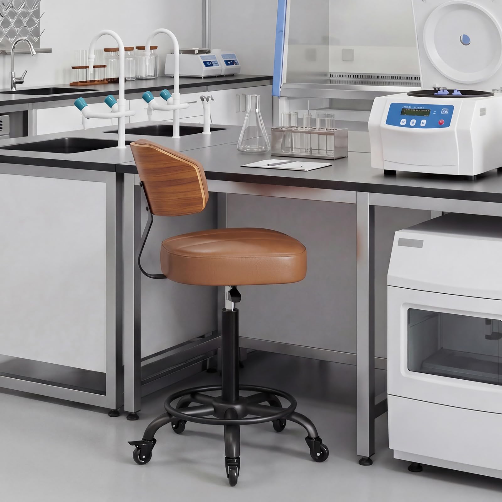 Bürostuhl ohne Armlehnen Drehstuhl 360° Schreibtischstuhl mit Rollen höhenverstellbar PU-Leder für Arbeitszimmer Schlafzimmer Homeoffice Schminkbereich Operationssaal Labor Schwarz Braun