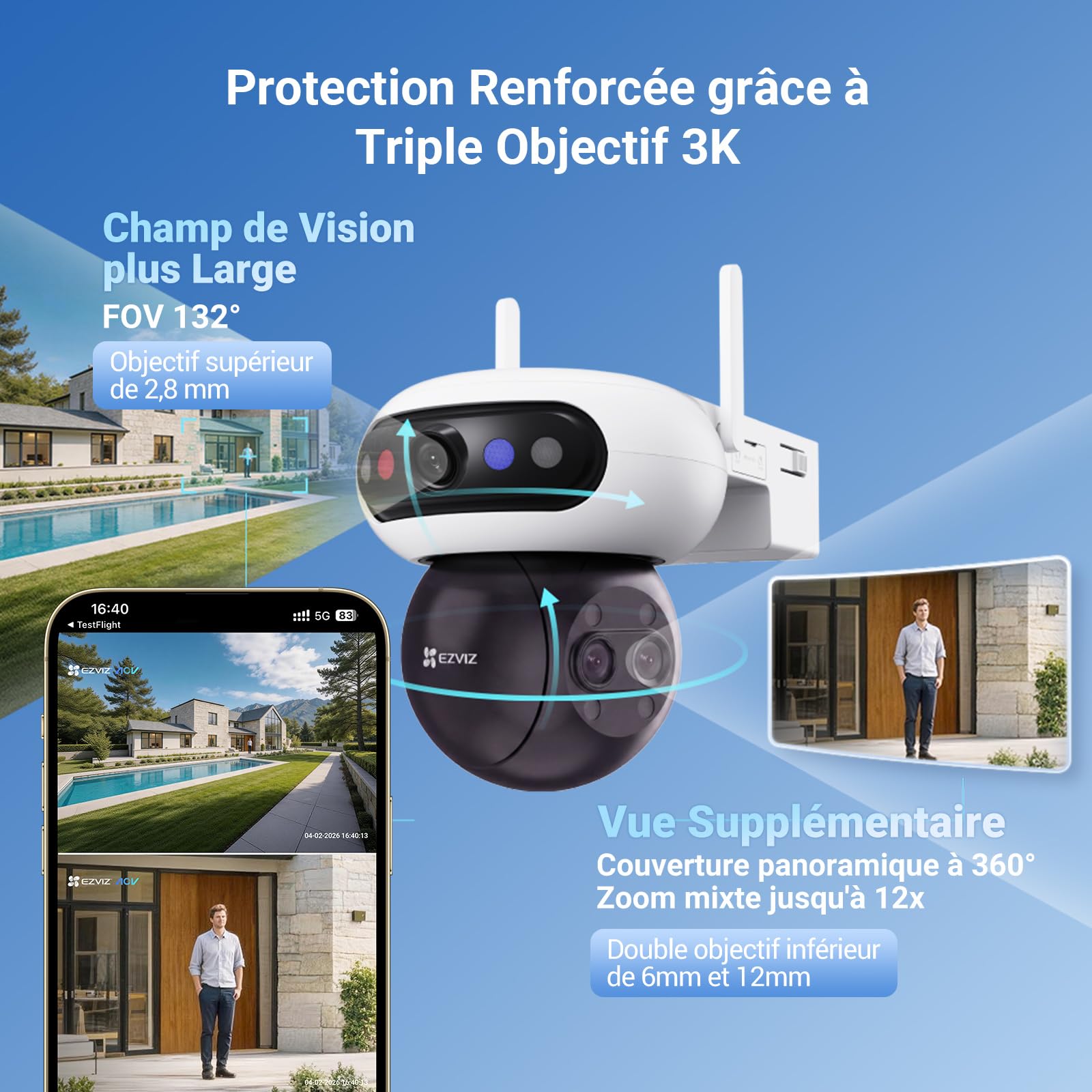 EZVIZ 3K(5MP) x 3 Caméra de Surveillance Extérieure Wi-FI à Triple Objectif, Reconnaissance Faciale Locale, Zoom Hybride x 12, Détection Personne/Véhicule, Vue Nocturne Couleur, Couverture 360°, C90f