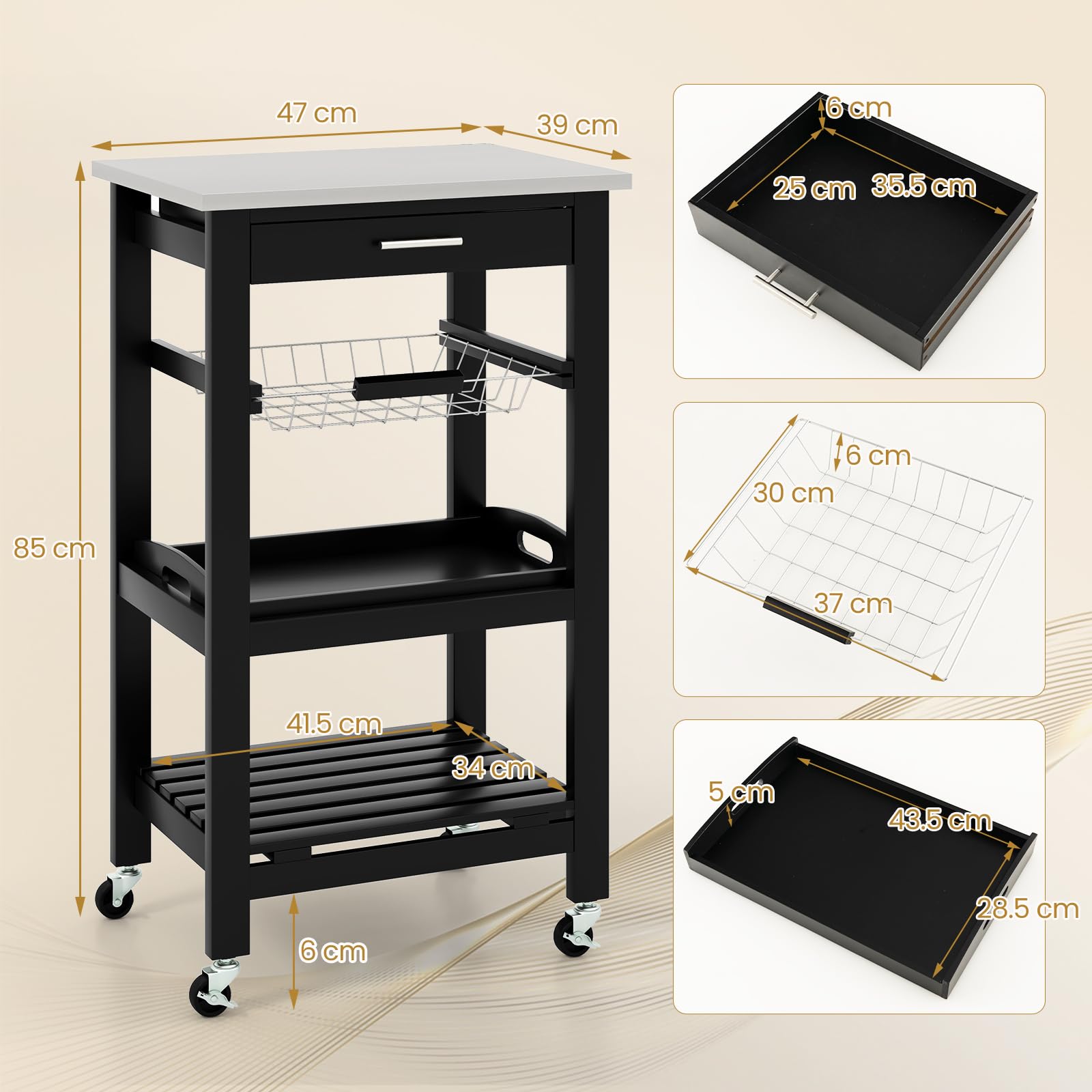 KOMFOTTEU Carrello Cucina con Ruote e Piano di Lavoro in Acciaio Inox, Carrello Portafrutta e Portavivande con Cassetto e Cestello Metallico, Carrellino Portaoggetti per Sala da Pranzo (Nero)