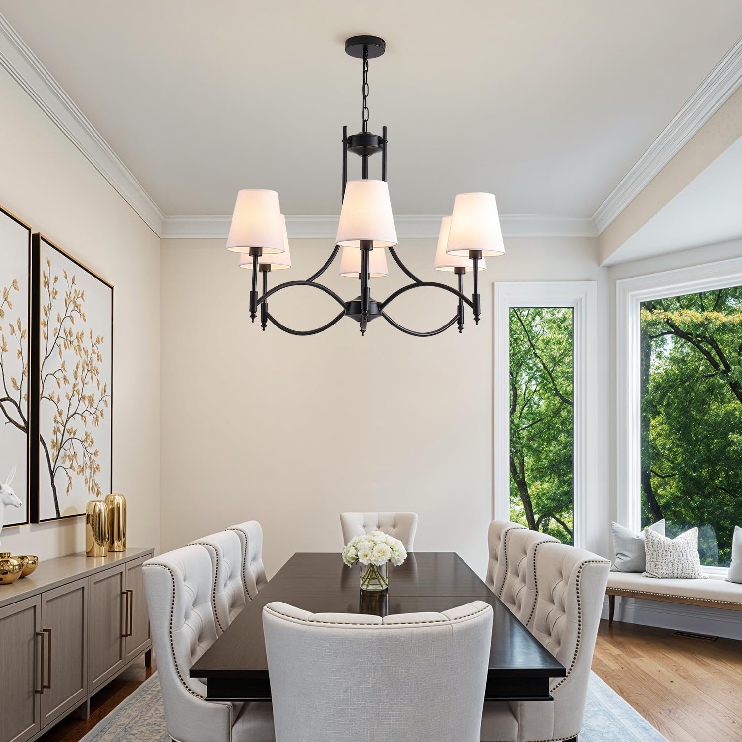 Black Farmhouse Chandelier for Dining Room， 6-Lights with White Fabric Shade Dining Room Light Fixtures，Rustic Industrial Chandelier for Living Room Kitchen Island Foyer