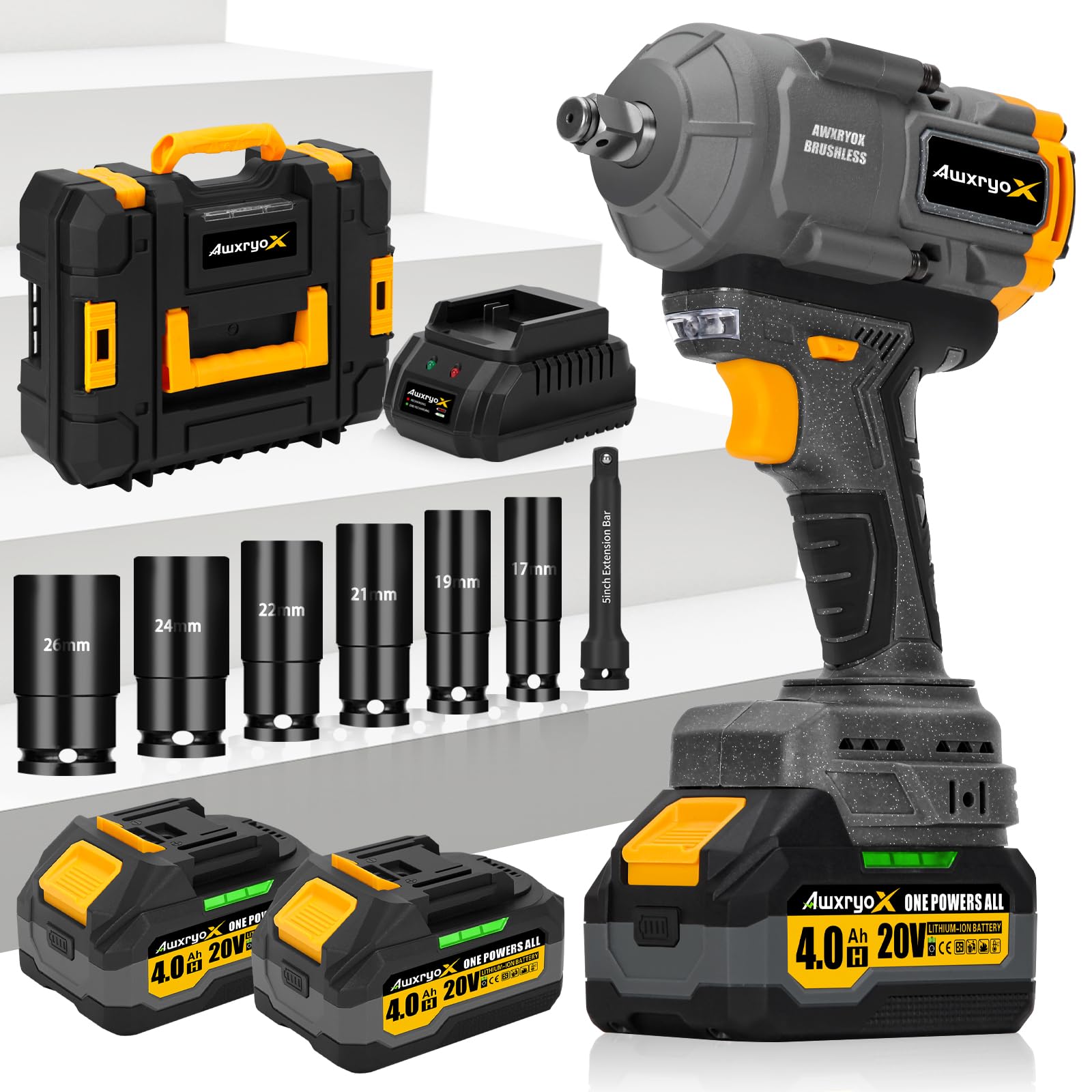 1300Nm Cordless Impact Wrench, 1/2" 960Ft-lbs Brushless Heavy Duty Impact Gun with 2 X 4.0Ah Battery 6 Sockets 5"Extension Bar, Eléctrica Pistola De Impacto for Heavy Equipment & Truck Repair
