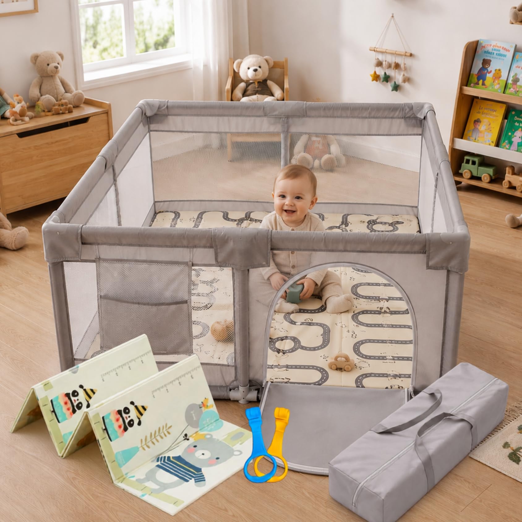 Parc Bébé 120x120cm - Tapis de sol inclus, Idéal Enfant & Bébé -Gris