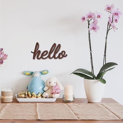 Miniatura 6 de CREATCABIN Letrero recortado de madera con texto en inglés Hello Signs para decoración de pared, escultura rústica para inauguración de la casa,