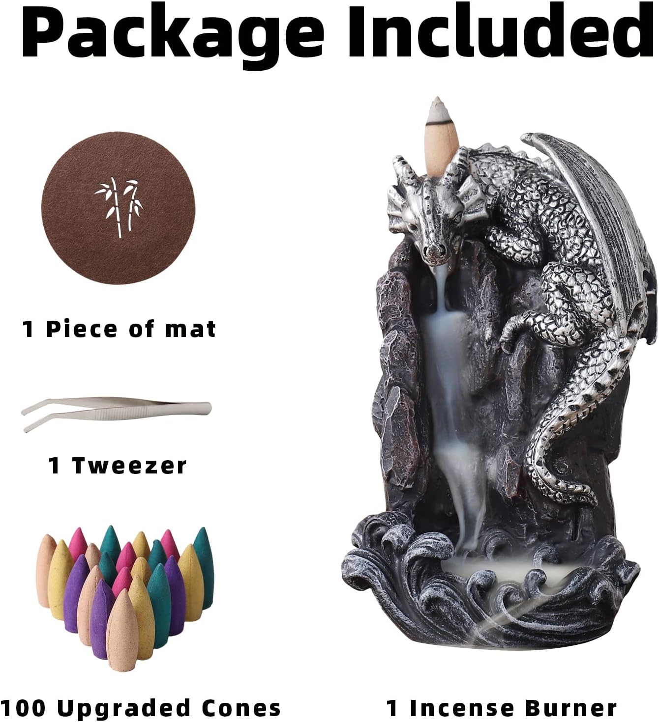 Dragon Backflow Incense Holder Waterfall Incense Burner, with 100 Backflow Incense Cones,1 Mat,1 Tweezers，Aromatherapy Ornamental for Home Office Yoga （Silver Dragon）
