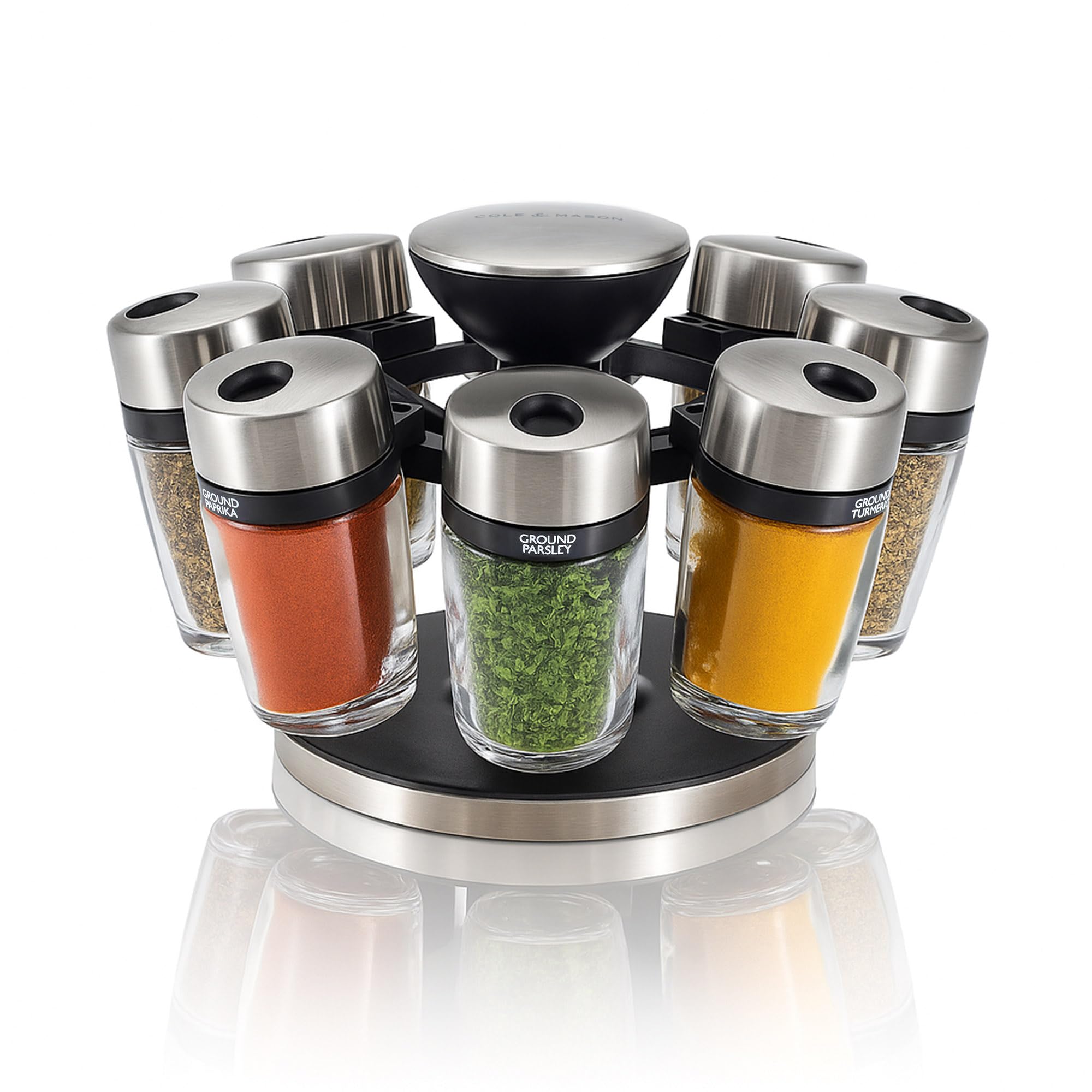 Cambridge 8 Jar Rotating Spice Rack, Includes 8 Filled Spice/Herb Jars with Lids for Kitchen Countertop Storage, (H) 13cm x (W) 20cm