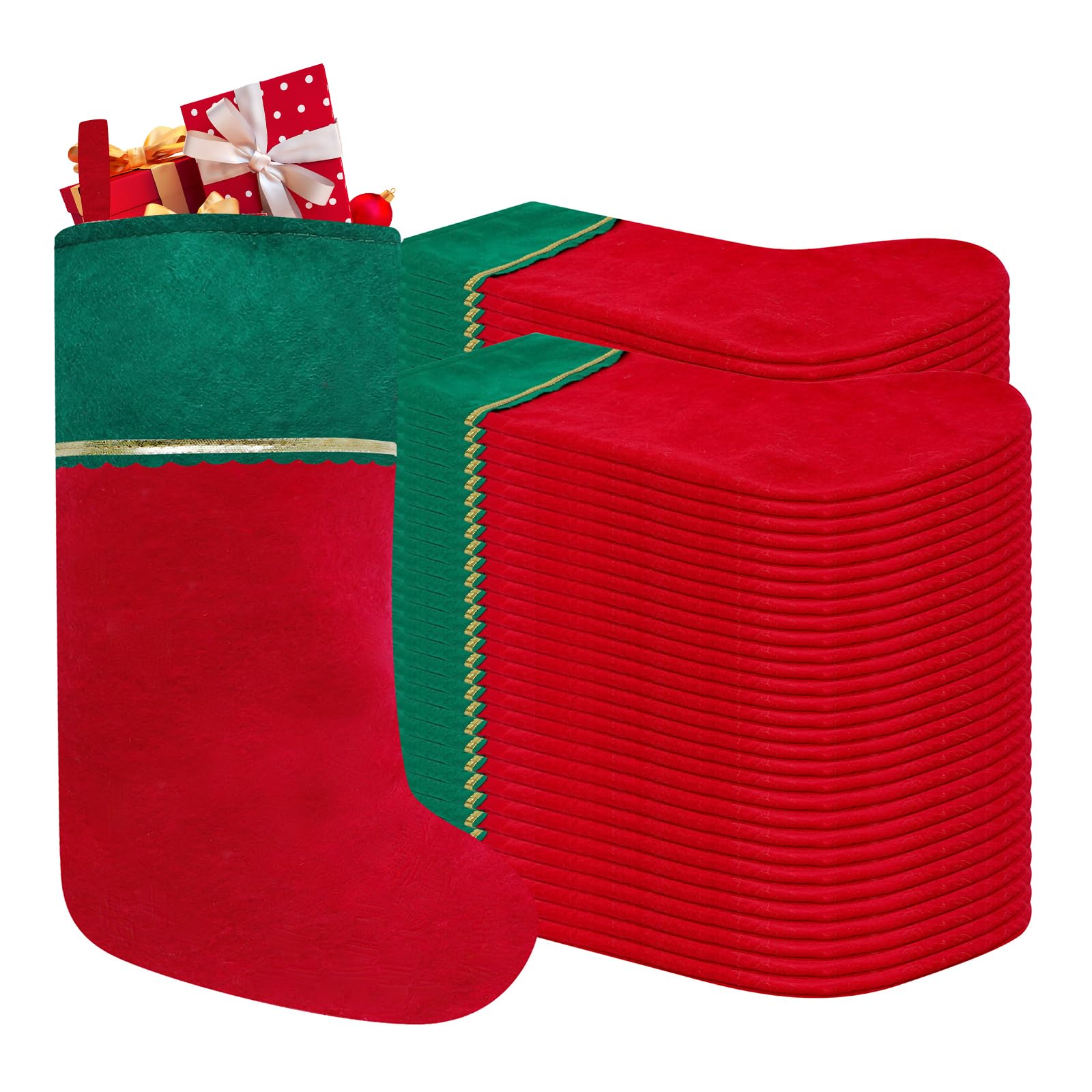 Weihnachtsstrümpfe aus Filz, 48,3 cm, rote und grüne Weihnachtsstrümpfe, hängende Ornamente, grüne Manschette mit goldfarbenem Rand, Weihnachtsstrümpfe für Familie