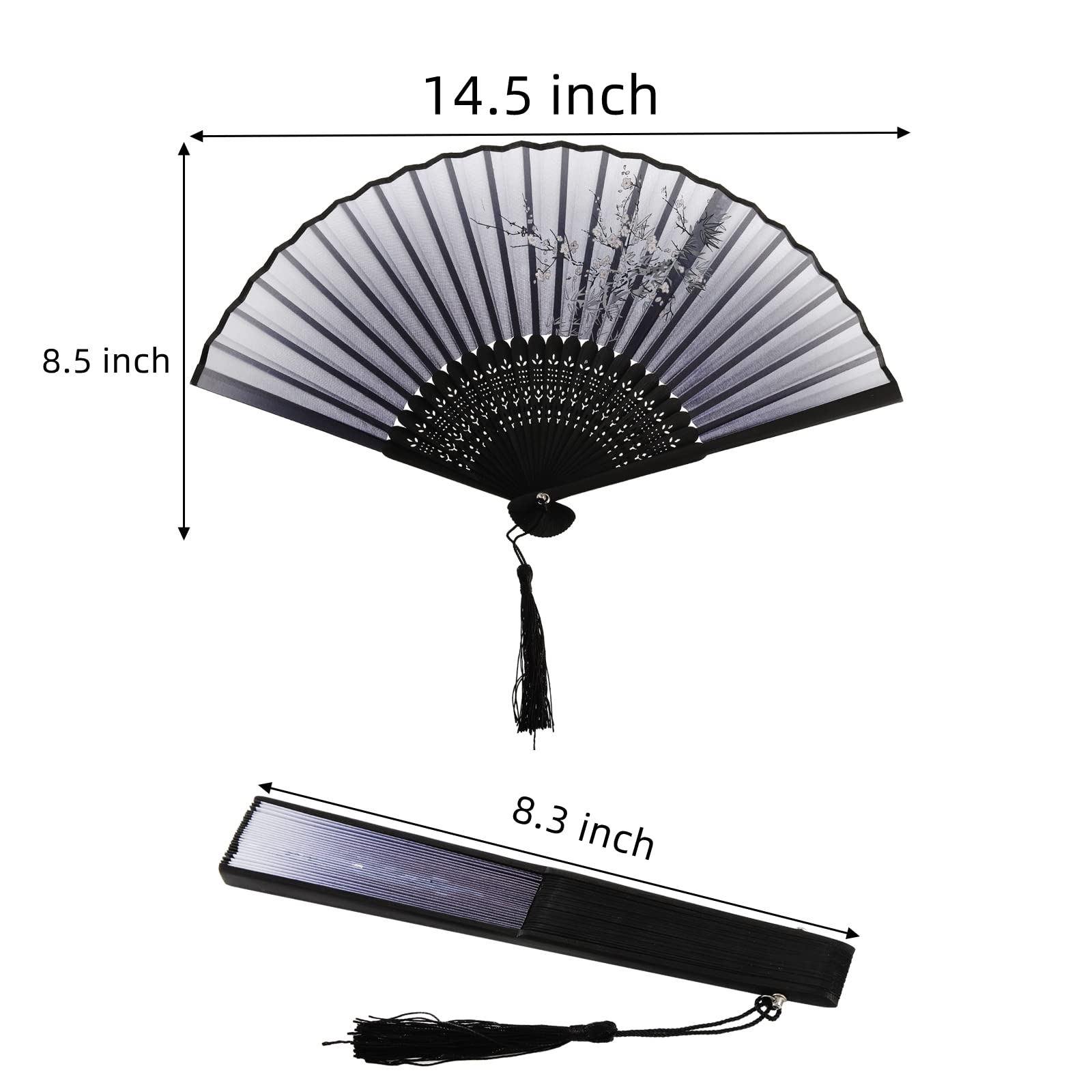 AVLA 8 Pack Folding Fans, Silk Fabric Bamboo Handheld Fans with Tassel, Floral Blossom Hand Holding Fans for Women, Wedding, Dancing Party, Gift, Cosplay, Wall Decoration, Chinese Vintage Retro Style