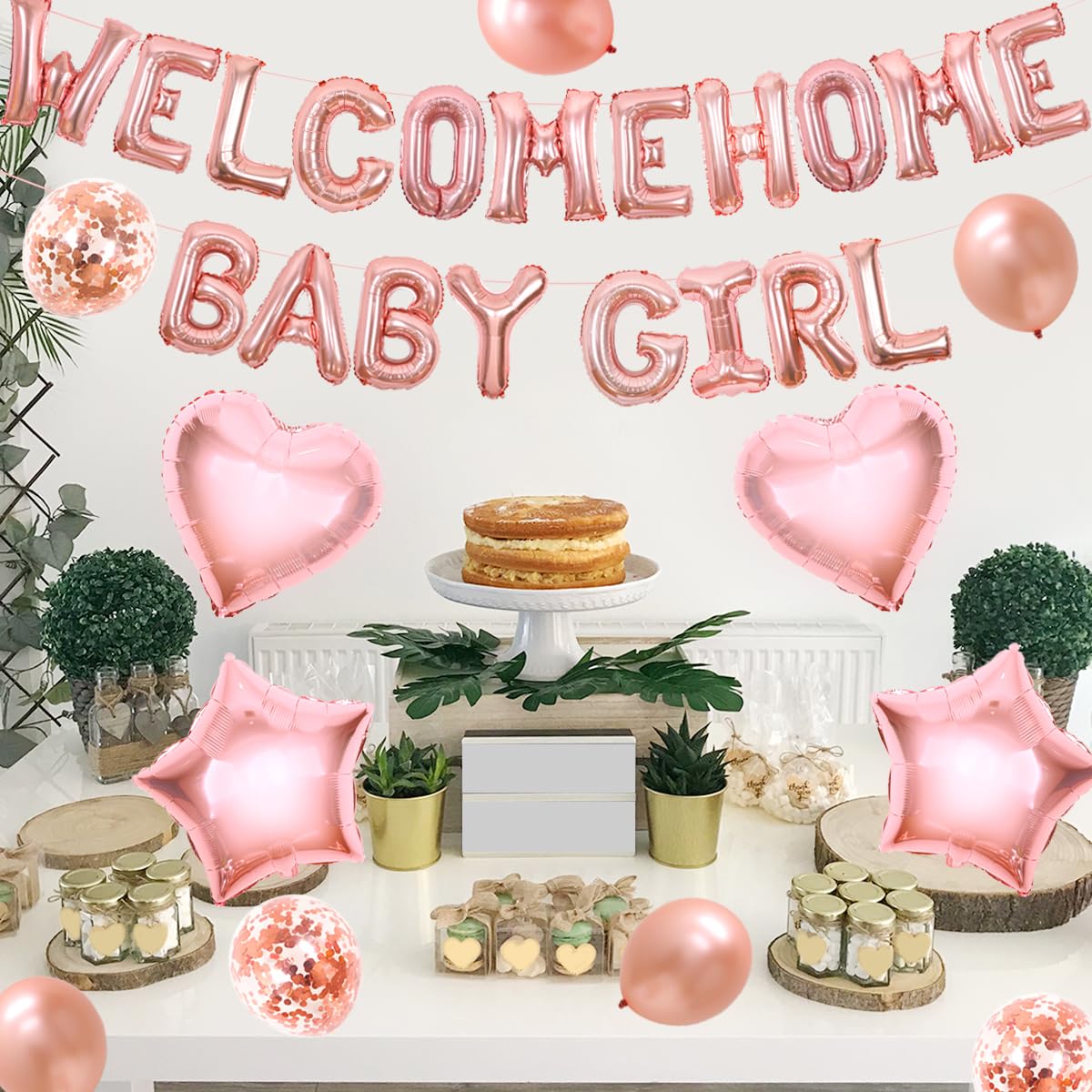 Striscione Benvenuto Neonato Per Baby Shower - In Cartone Glitterato, Decorazioni Con Stelle E Cuori, Rosa Per Bambina - Foto 4